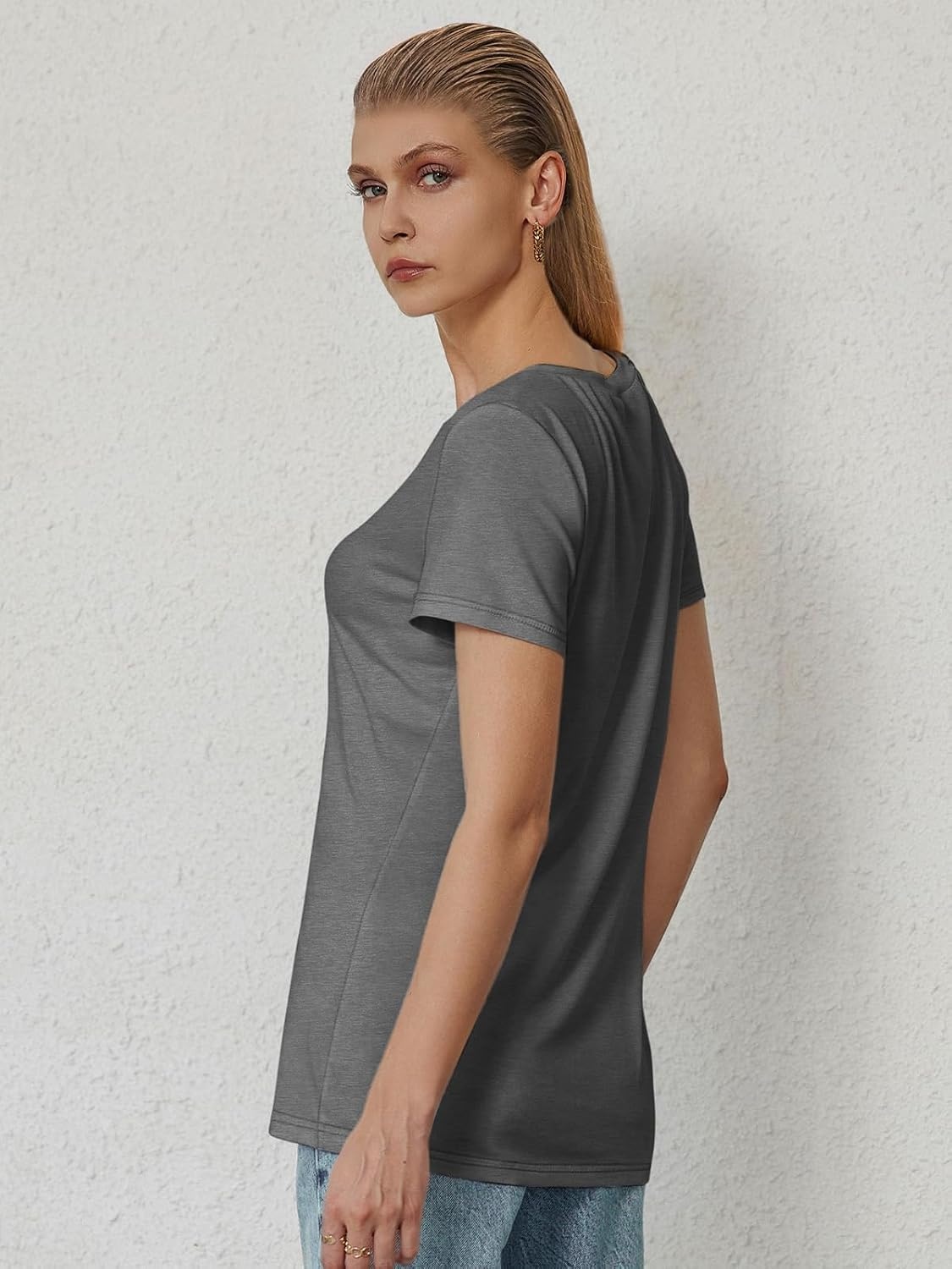 image:imageATHMILE T Shirts Short Sleeve V Neck Tees for Women Fashion Tops Trendy Soft Casual Summer Clothes Outfits 2026Gray