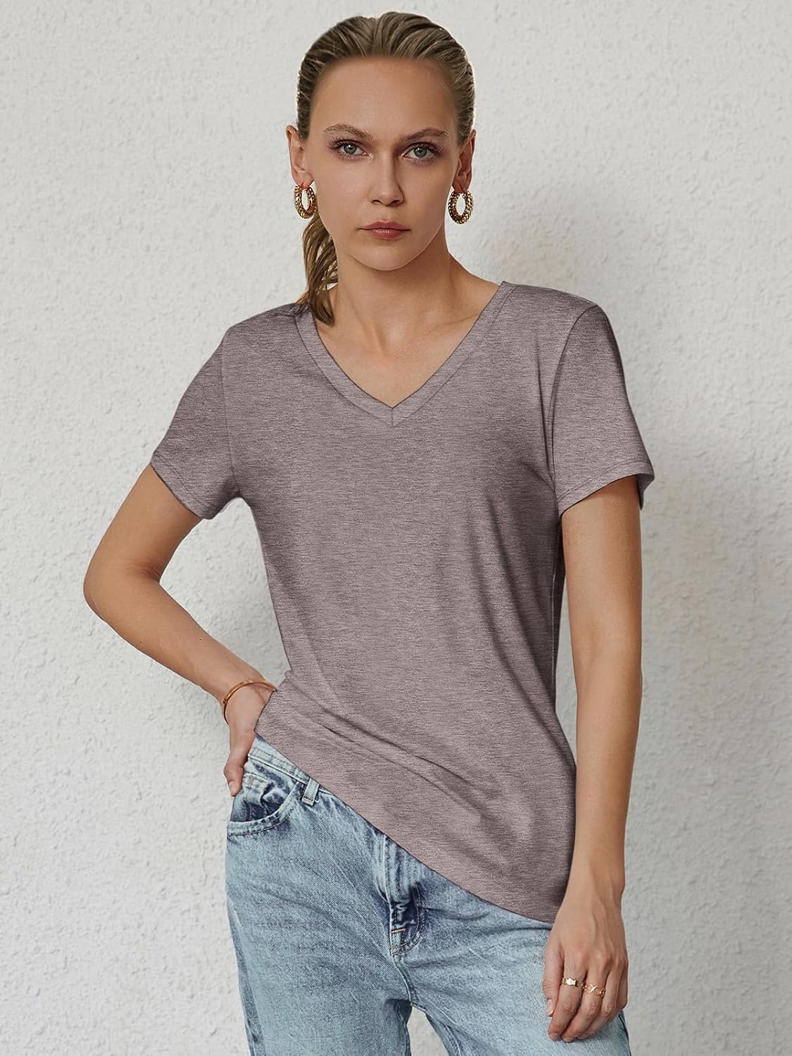image:imageATHMILE T Shirts Short Sleeve V Neck Tees for Women Fashion Tops Trendy Soft Casual Summer Clothes Outfits 2026Gray Purple