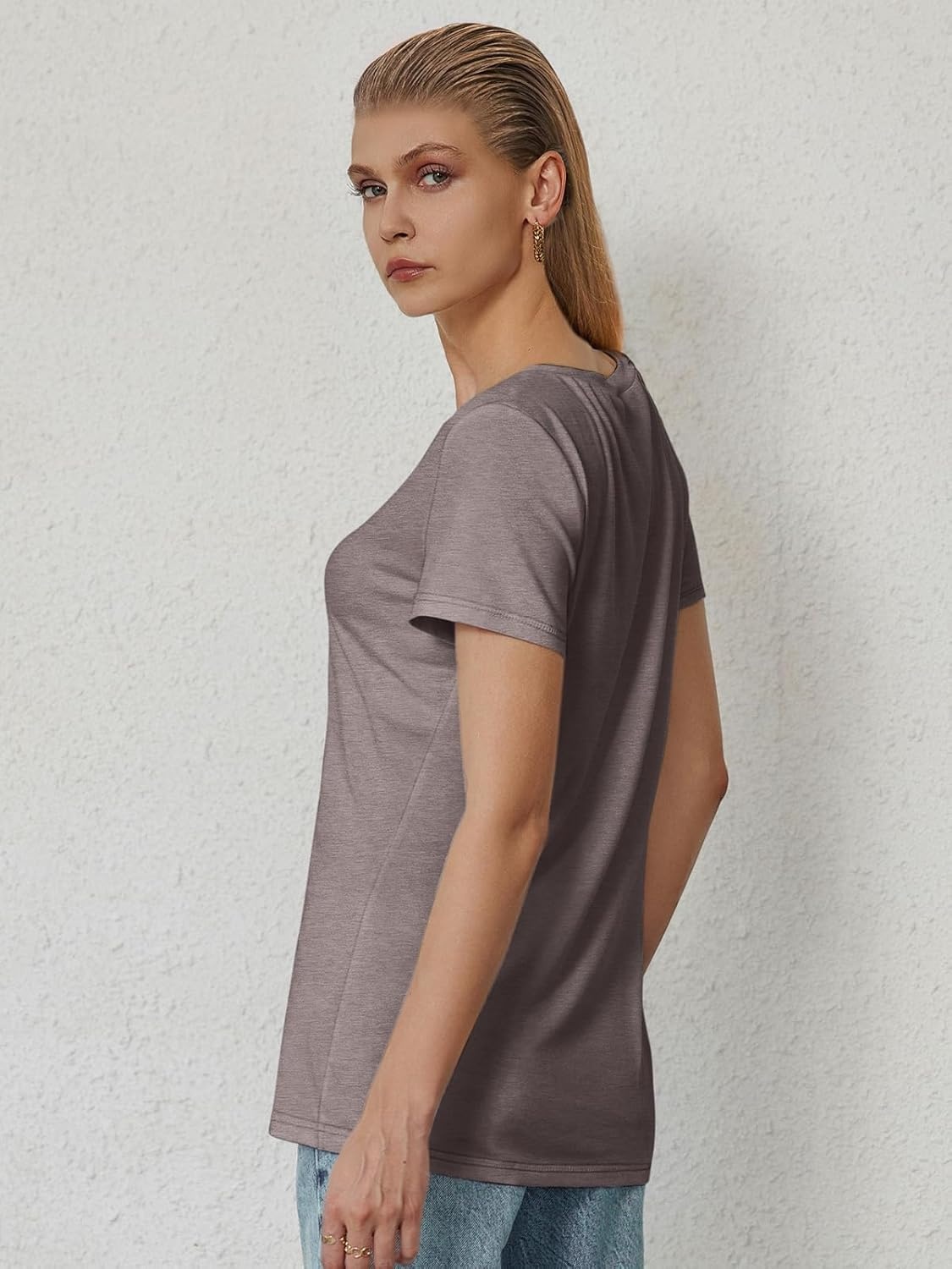 image:imageATHMILE T Shirts Short Sleeve V Neck Tees for Women Fashion Tops Trendy Soft Casual Summer Clothes Outfits 2026Gray Purple