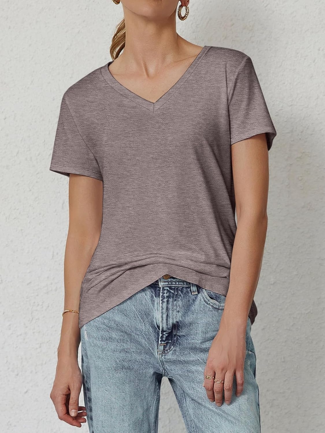 image:imageATHMILE T Shirts Short Sleeve V Neck Tees for Women Fashion Tops Trendy Soft Casual Summer Clothes Outfits 2026Gray Purple