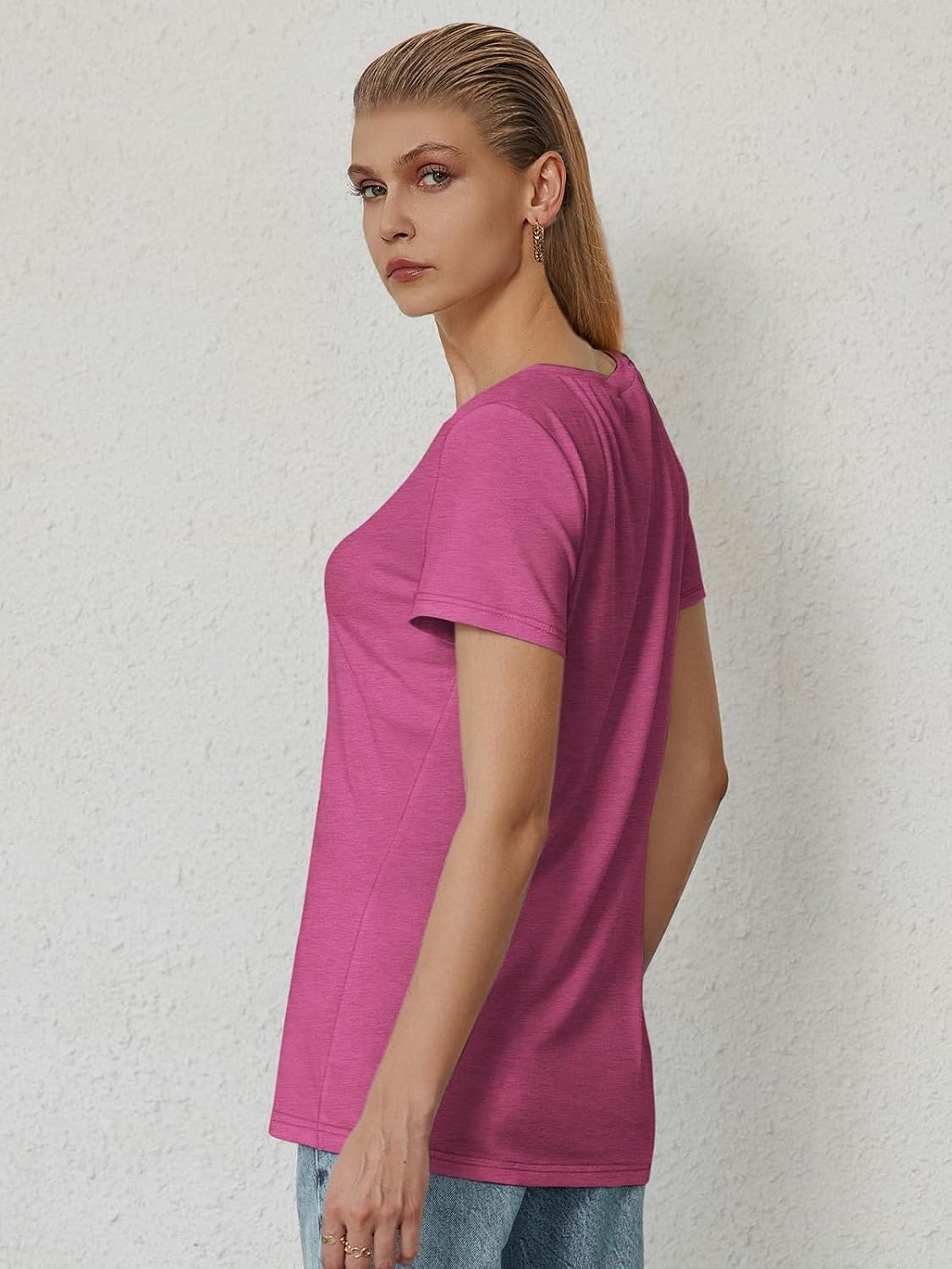 image:imageATHMILE T Shirts Short Sleeve V Neck Tees for Women Fashion Tops Trendy Soft Casual Summer Clothes Outfits 2026Hotpink