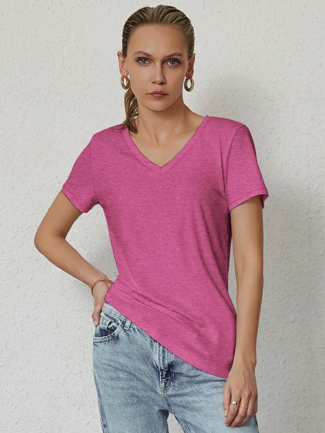 image:imageATHMILE T Shirts Short Sleeve V Neck Tees for Women Fashion Tops Trendy Soft Casual Summer Clothes Outfits 2026Hotpink