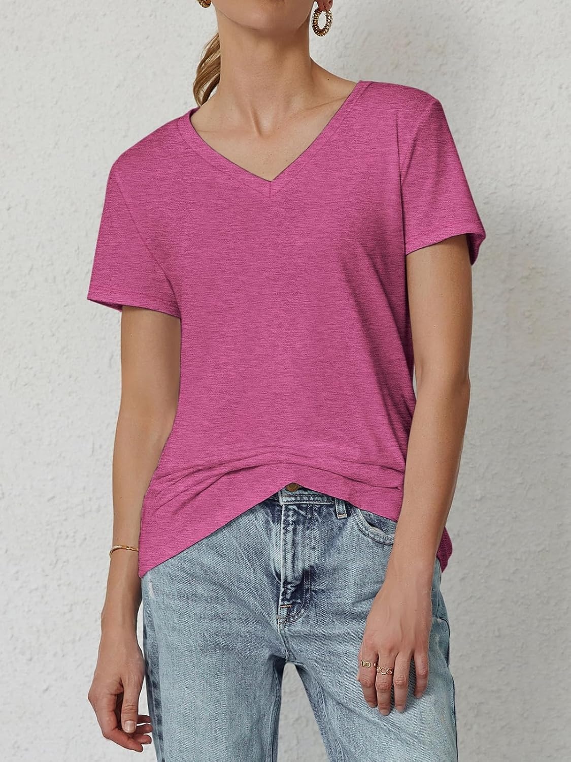 image:imageATHMILE T Shirts Short Sleeve V Neck Tees for Women Fashion Tops Trendy Soft Casual Summer Clothes Outfits 2026Hotpink
