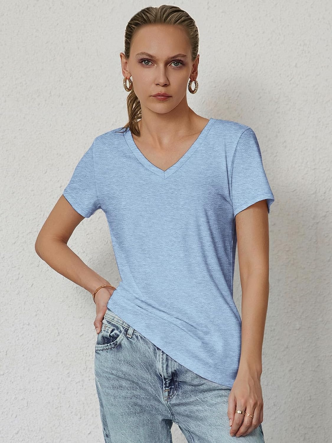 image:imageATHMILE T Shirts Short Sleeve V Neck Tees for Women Fashion Tops Trendy Soft Casual Summer Clothes Outfits 2026Ice Blue