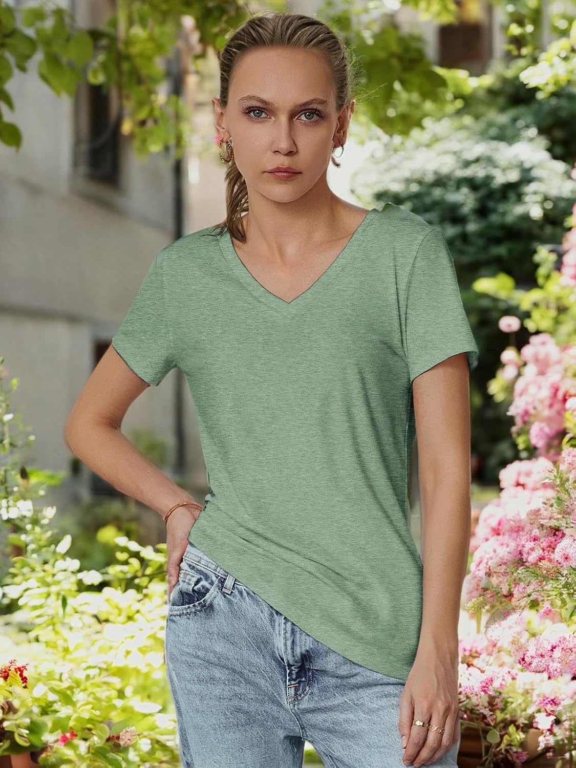image:imageATHMILE T Shirts Short Sleeve V Neck Tees for Women Fashion Tops Trendy Soft Casual Summer Clothes Outfits 2026Light Green