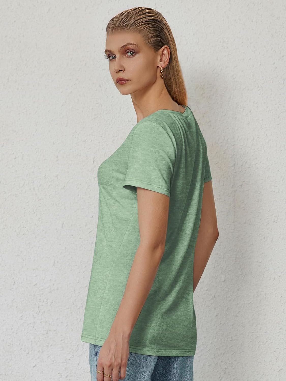 image:imageATHMILE T Shirts Short Sleeve V Neck Tees for Women Fashion Tops Trendy Soft Casual Summer Clothes Outfits 2026Light Green