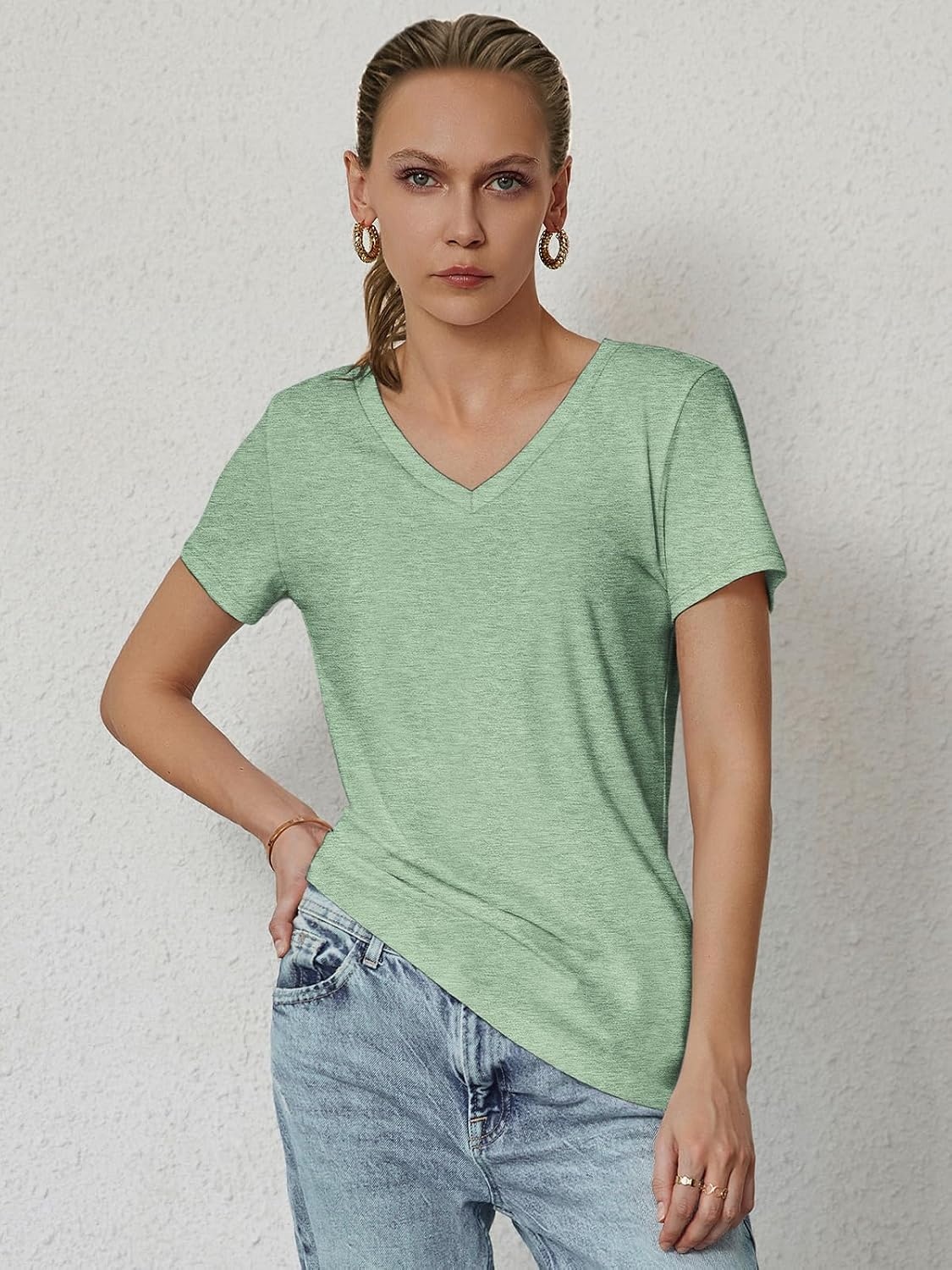 image:imageATHMILE T Shirts Short Sleeve V Neck Tees for Women Fashion Tops Trendy Soft Casual Summer Clothes Outfits 2026Light Green
