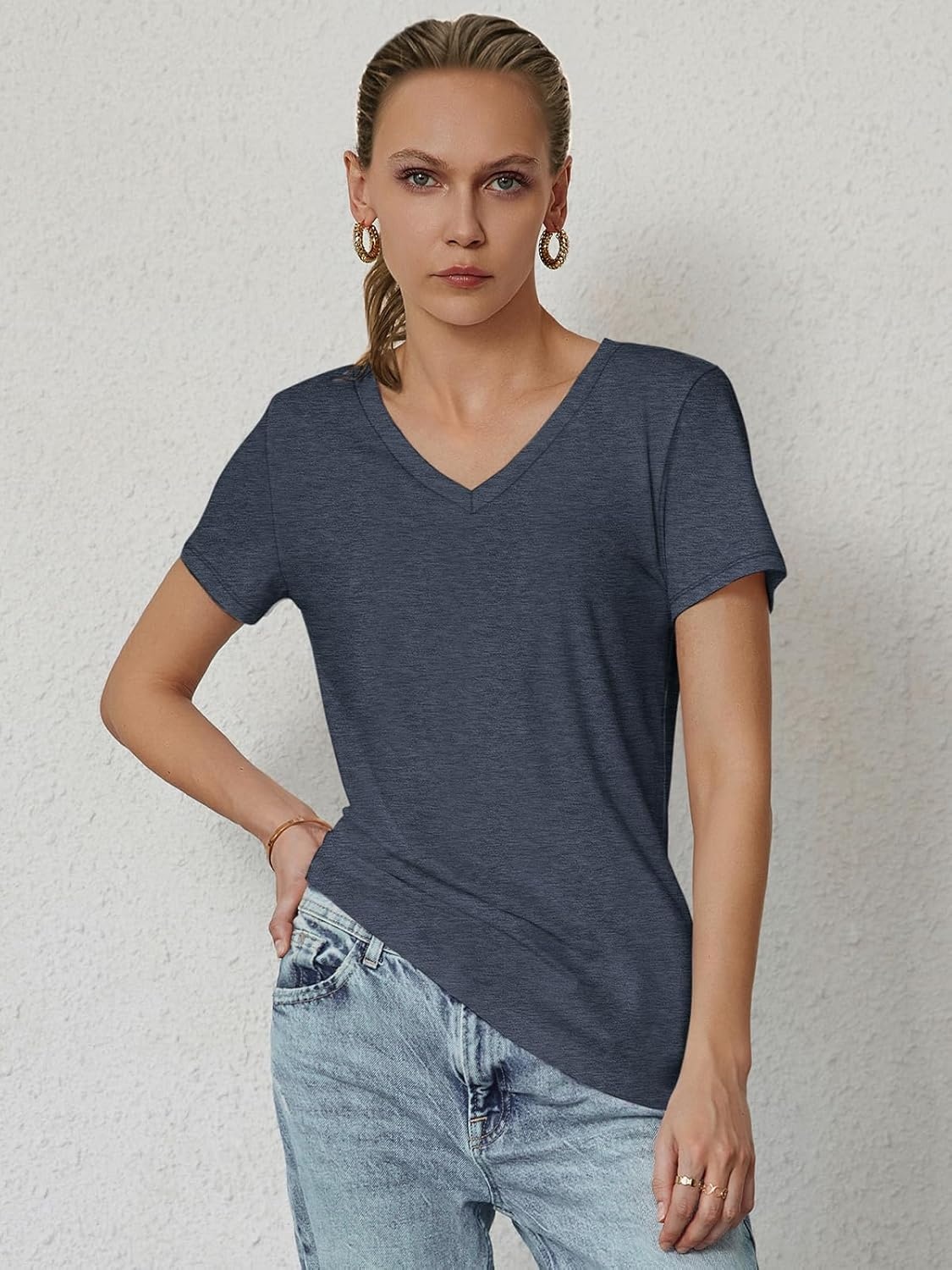 image:imageATHMILE T Shirts Short Sleeve V Neck Tees for Women Fashion Tops Trendy Soft Casual Summer Clothes Outfits 2026Navy