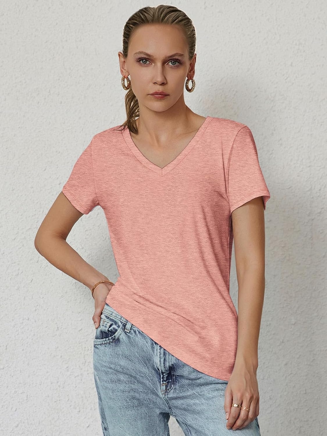 image:imageATHMILE T Shirts Short Sleeve V Neck Tees for Women Fashion Tops Trendy Soft Casual Summer Clothes Outfits 2026Pink