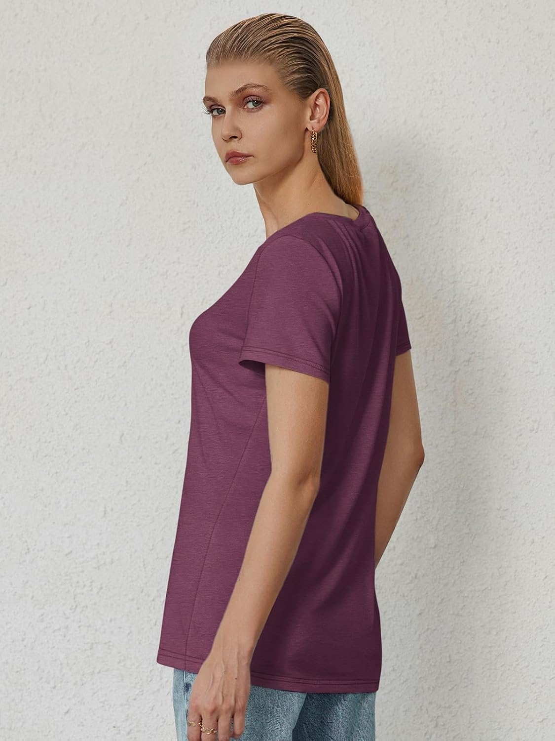 image:imageATHMILE T Shirts Short Sleeve V Neck Tees for Women Fashion Tops Trendy Soft Casual Summer Clothes Outfits 2026Purple Red