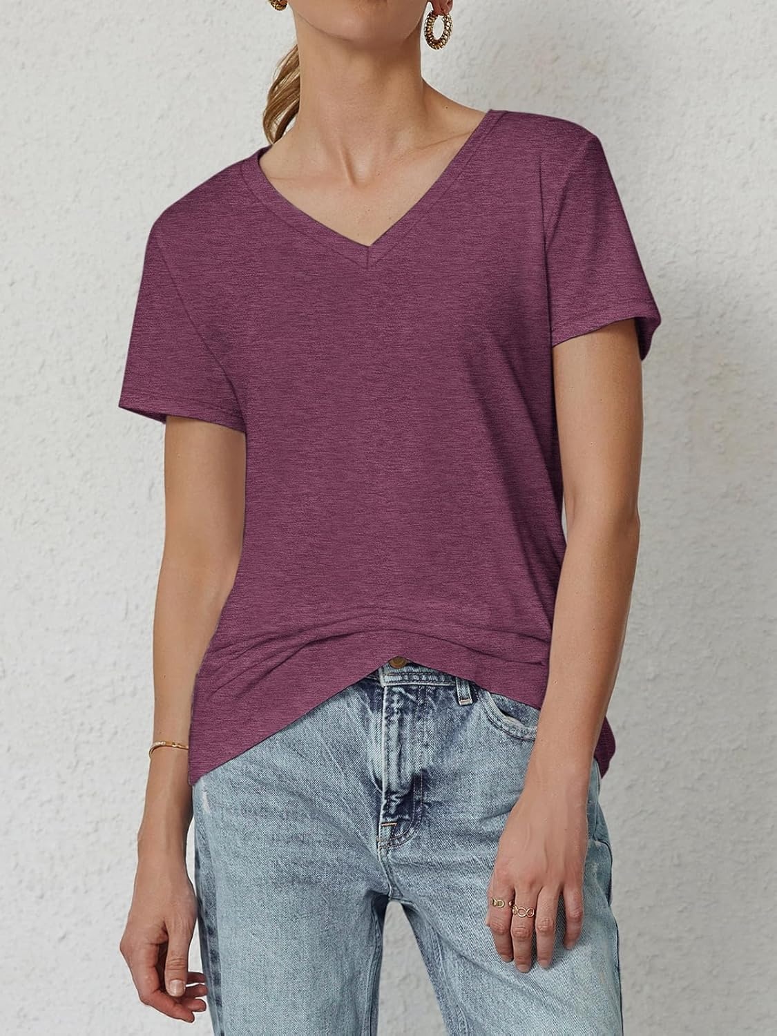 image:imageATHMILE T Shirts Short Sleeve V Neck Tees for Women Fashion Tops Trendy Soft Casual Summer Clothes Outfits 2026Purple Red
