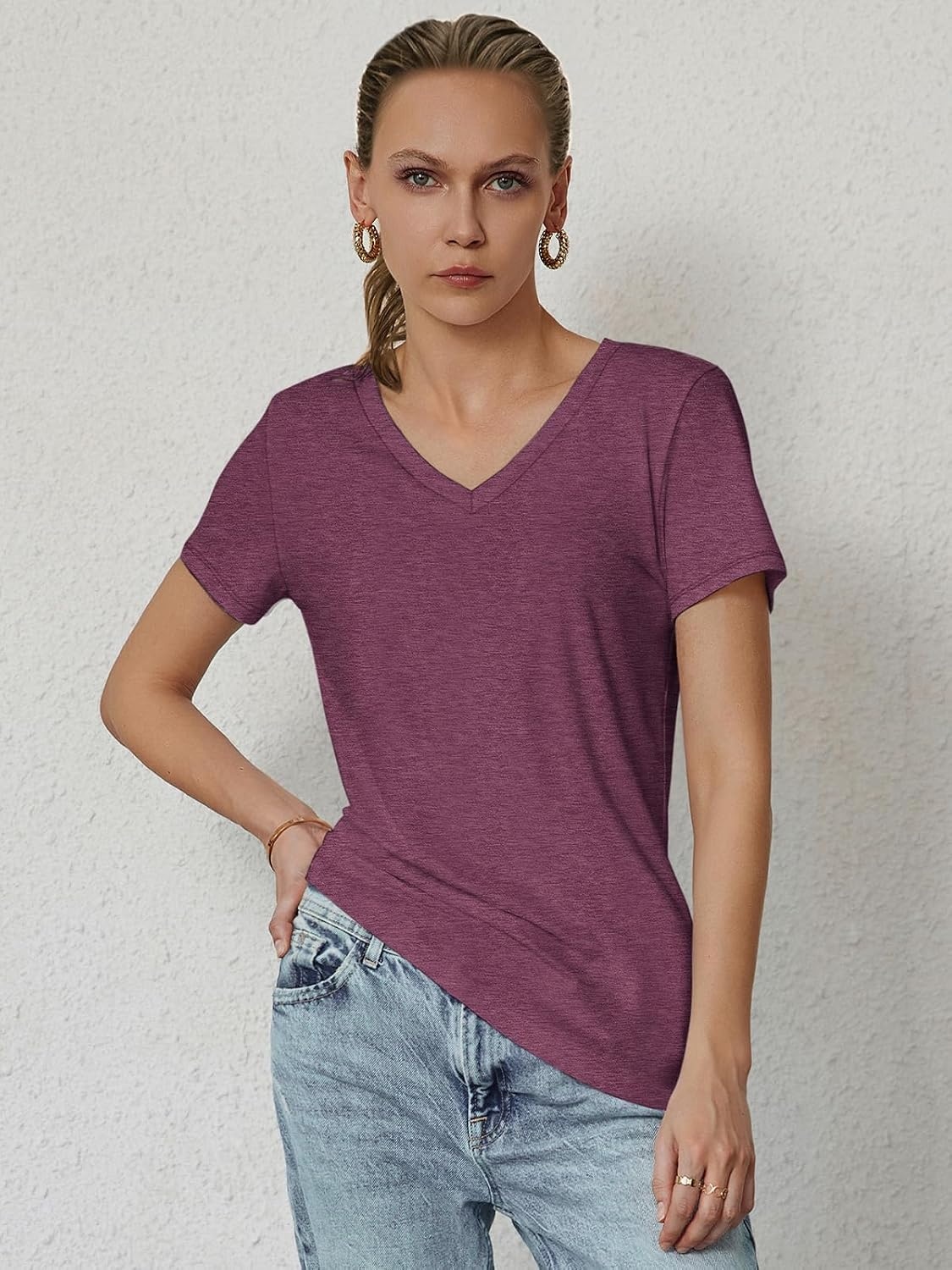 image:imageATHMILE T Shirts Short Sleeve V Neck Tees for Women Fashion Tops Trendy Soft Casual Summer Clothes Outfits 2026Purple Red
