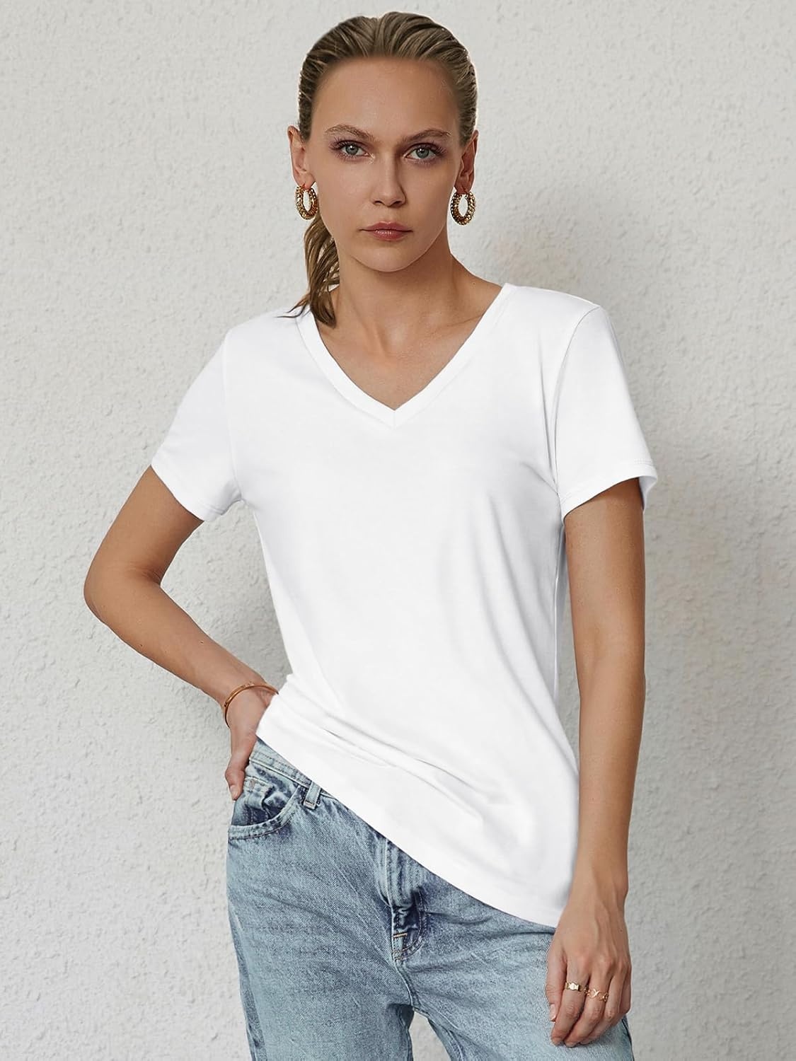 image:imageATHMILE T Shirts Short Sleeve V Neck Tees for Women Fashion Tops Trendy Soft Casual Summer Clothes Outfits 2026White