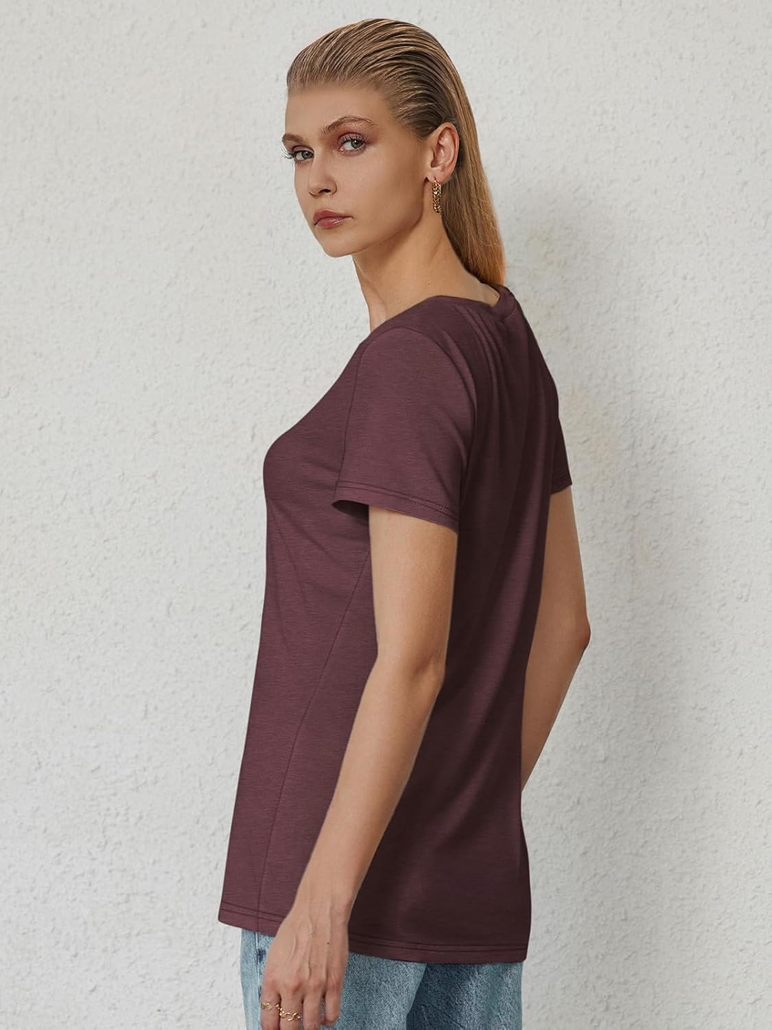 image:imageATHMILE T Shirts Short Sleeve V Neck Tees for Women Fashion Tops Trendy Soft Casual Summer Clothes Outfits 2026Wine Red