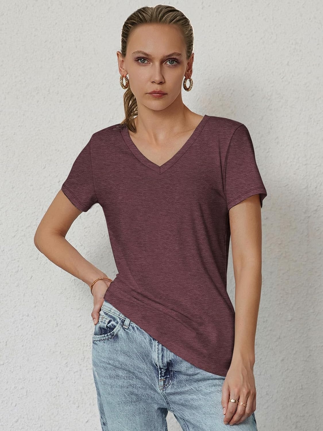 image:imageATHMILE T Shirts Short Sleeve V Neck Tees for Women Fashion Tops Trendy Soft Casual Summer Clothes Outfits 2026Wine Red