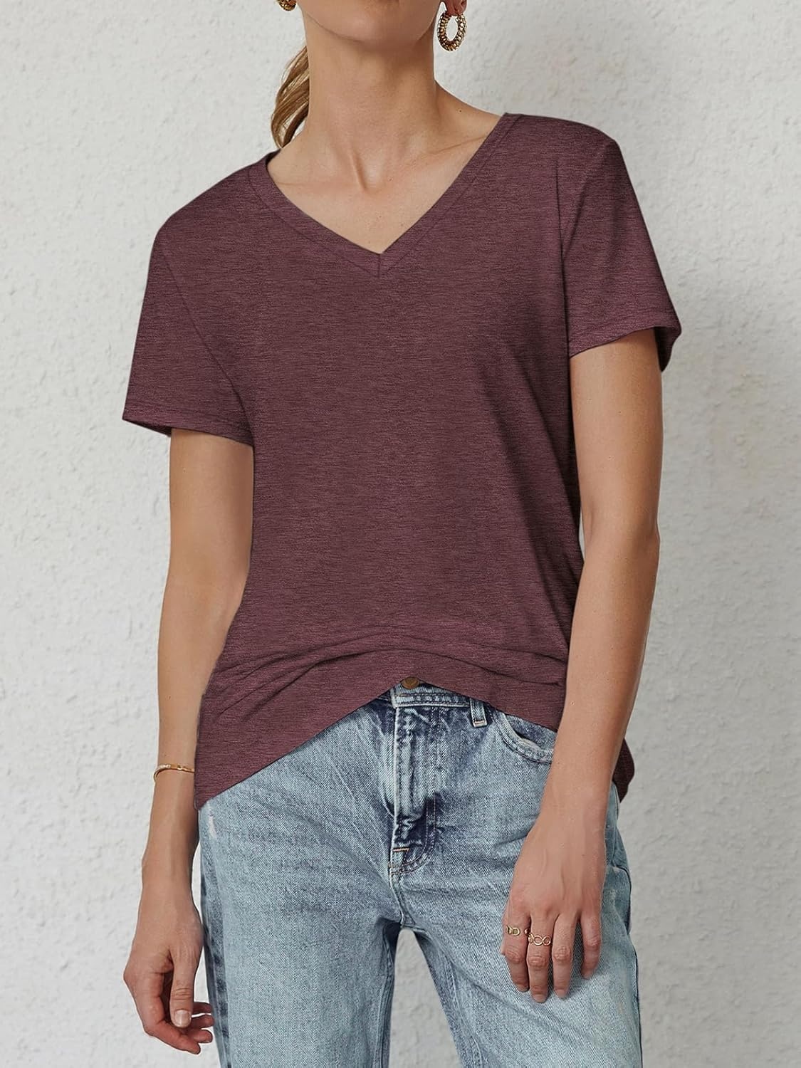 image:imageATHMILE T Shirts Short Sleeve V Neck Tees for Women Fashion Tops Trendy Soft Casual Summer Clothes Outfits 2026Wine Red
