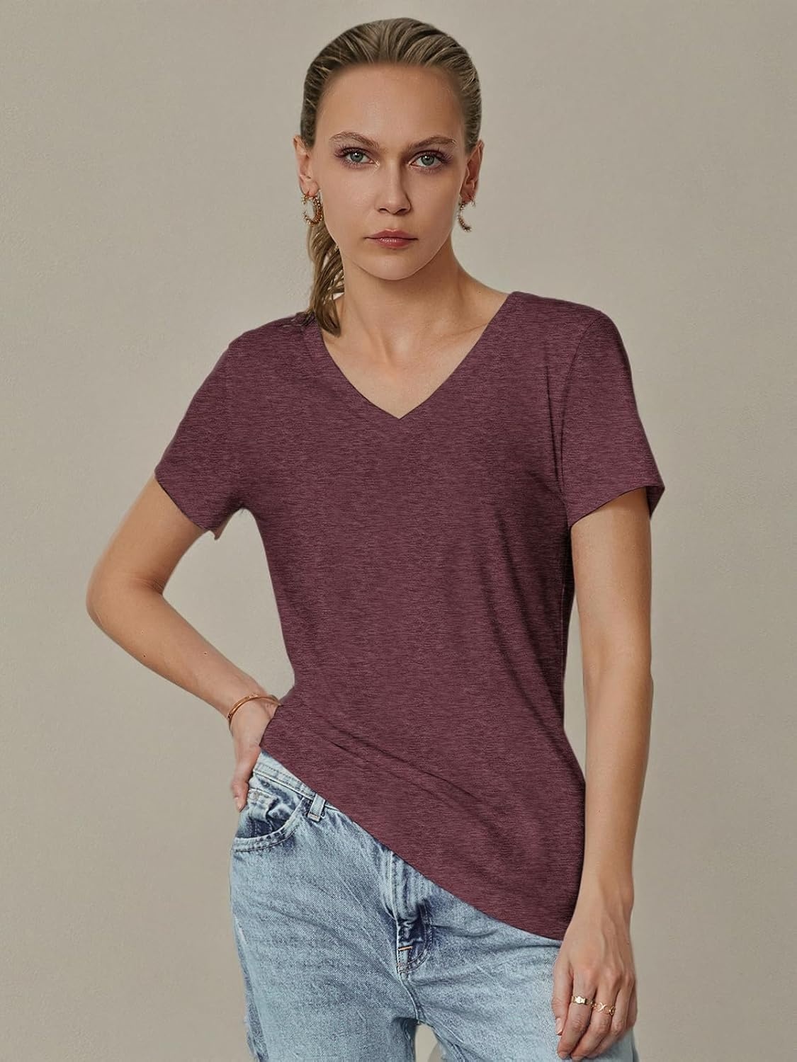 image:imageATHMILE T Shirts Short Sleeve V Neck Tees for Women Fashion Tops Trendy Soft Casual Summer Clothes Outfits 2026Wine Red