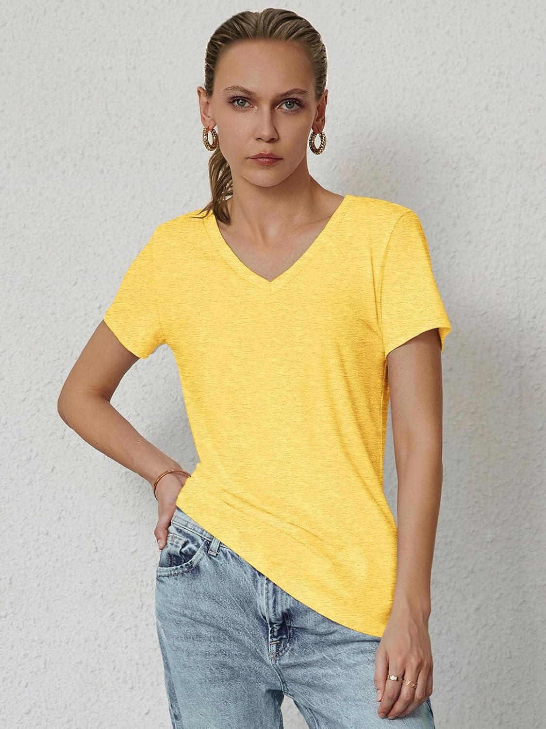image:imageATHMILE T Shirts Short Sleeve V Neck Tees for Women Fashion Tops Trendy Soft Casual Summer Clothes Outfits 2026Yellow