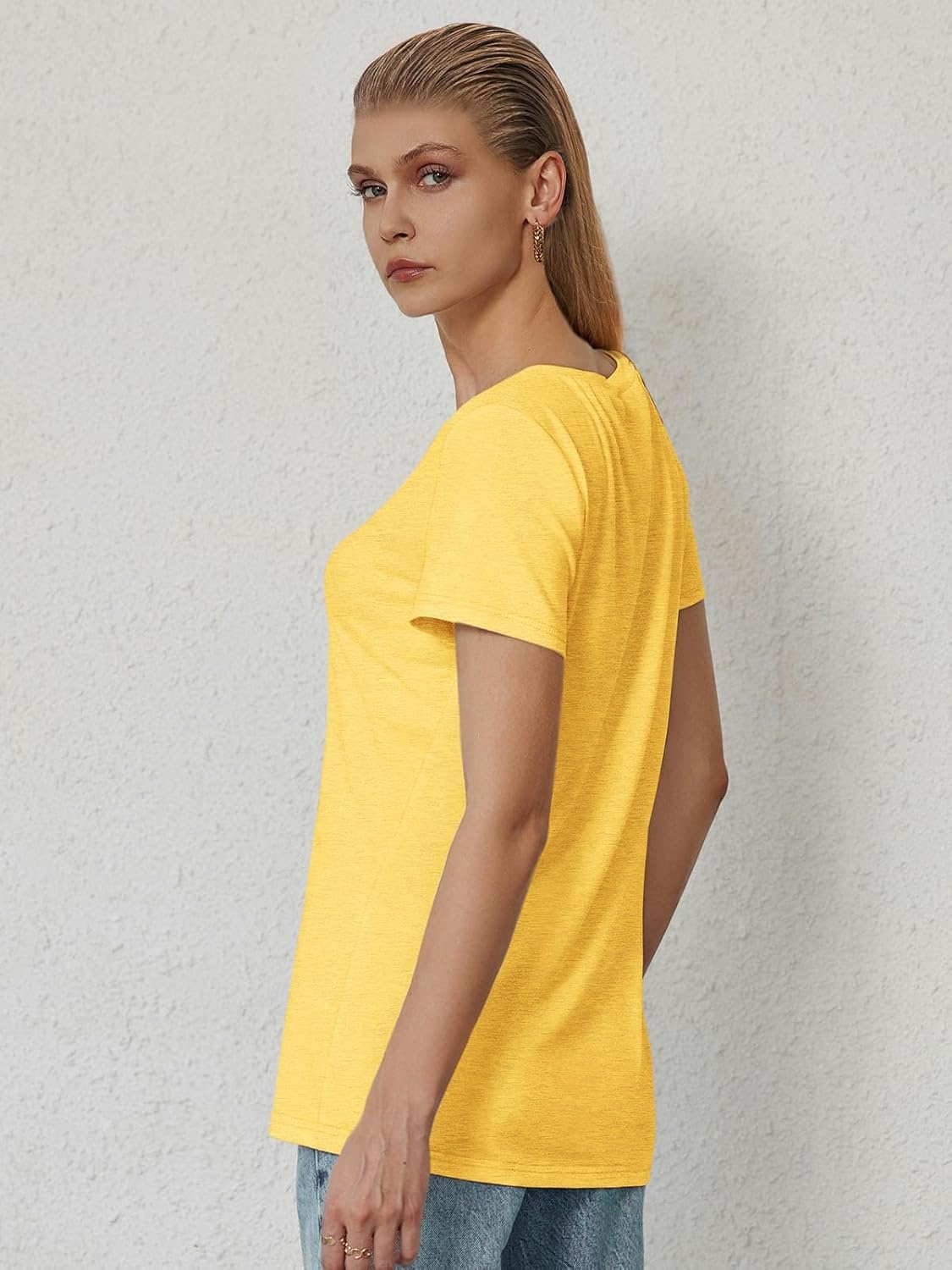 image:imageATHMILE T Shirts Short Sleeve V Neck Tees for Women Fashion Tops Trendy Soft Casual Summer Clothes Outfits 2026Yellow