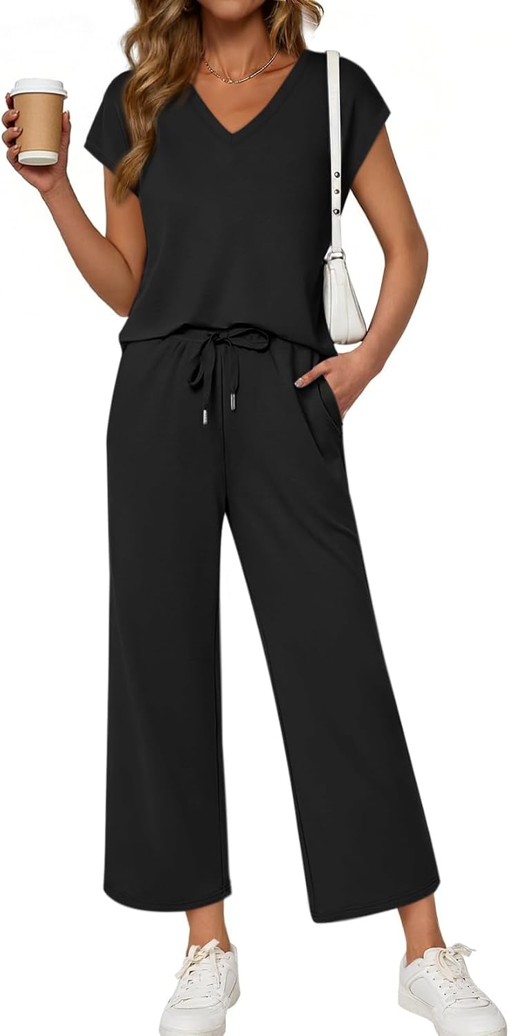 image:imageATHMILE Two Piece Sets for Women Spring Summer Travel Airport Vacation Outfits Lounge V Neck Tops Drawstring Wide Leg PantsBlack