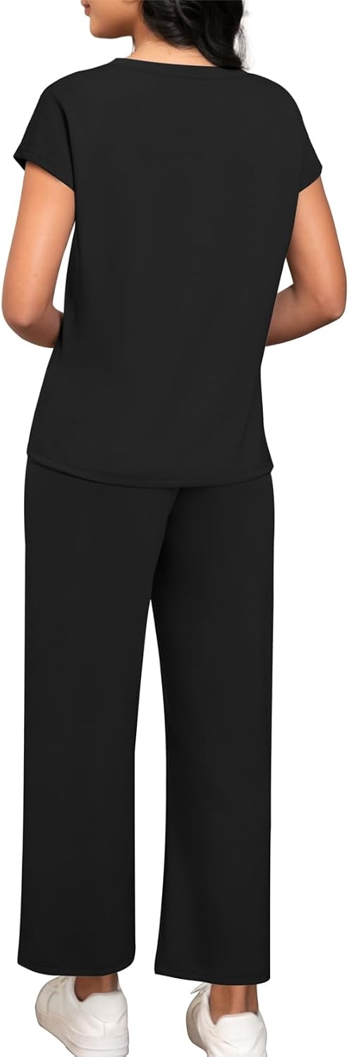 image:imageATHMILE Two Piece Sets for Women Spring Summer Travel Airport Vacation Outfits Lounge V Neck Tops Drawstring Wide Leg PantsBlack