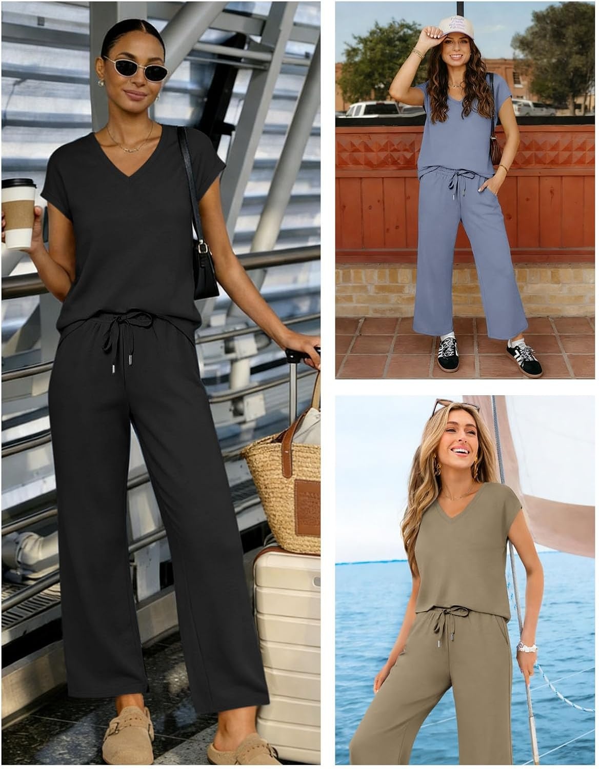 image:imageATHMILE Two Piece Sets for Women Spring Summer Travel Airport Vacation Outfits Lounge V Neck Tops Drawstring Wide Leg PantsBlack