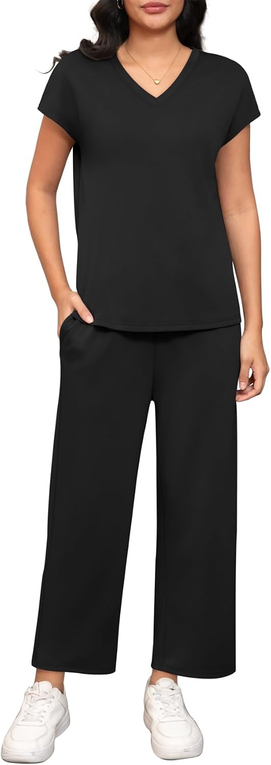image:imageATHMILE Two Piece Sets for Women Spring Summer Travel Airport Vacation Outfits Lounge V Neck Tops Drawstring Wide Leg PantsBlack