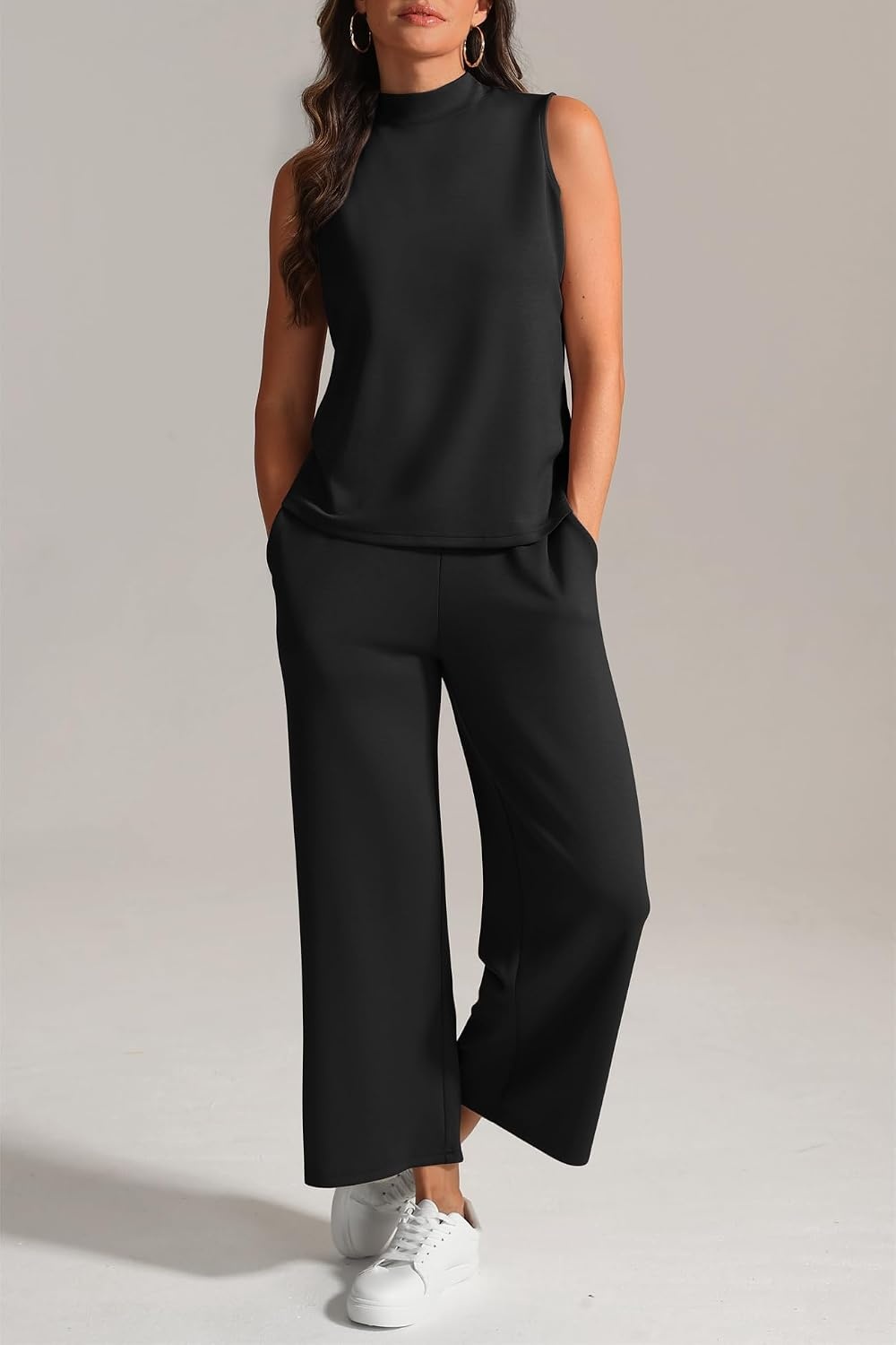 image:imageATHMILE Two Piece Sets for Women Spring Summer Travel Airport Vacation Outfits Lounge V Neck Tops Drawstring Wide Leg PantsBlack1