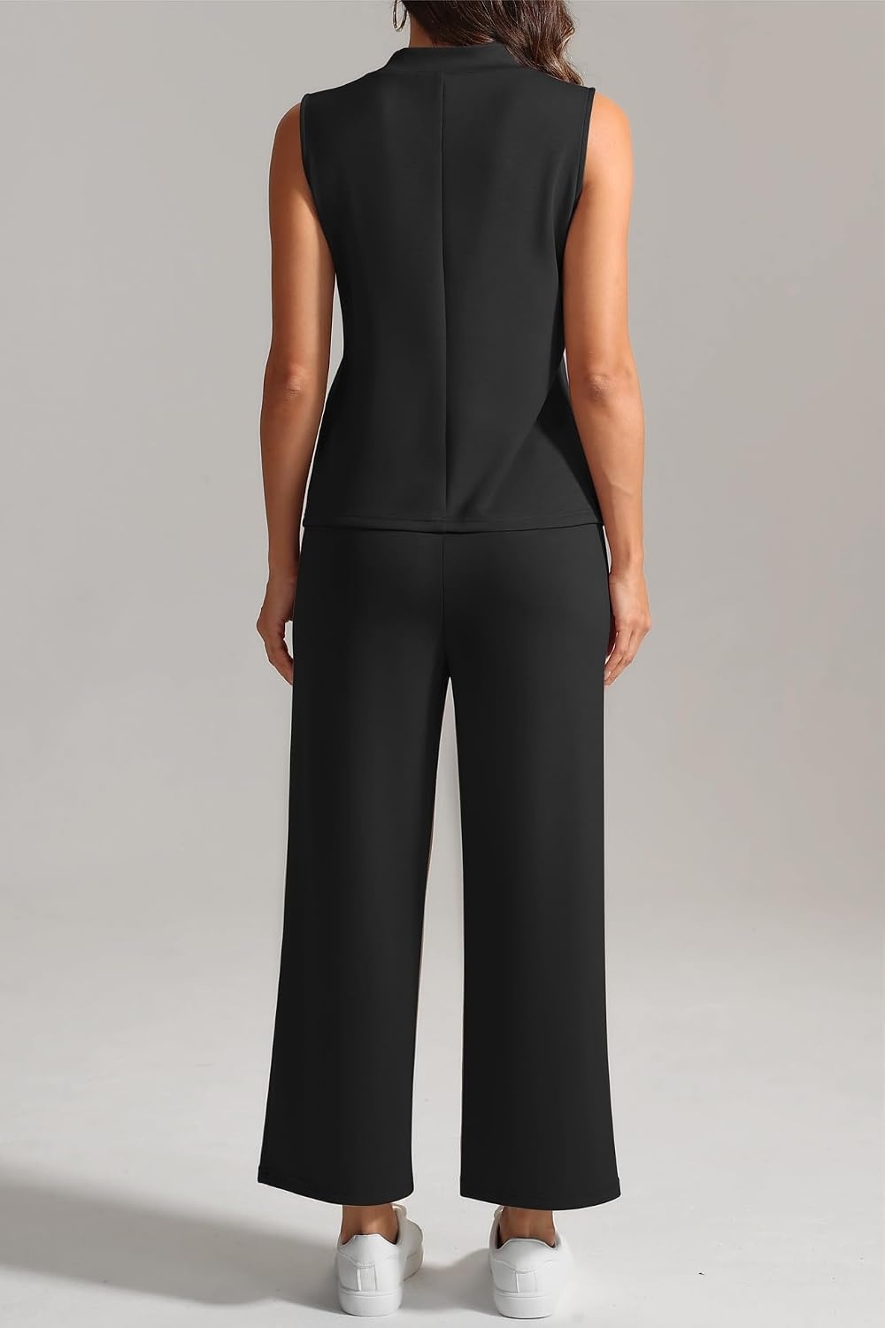 image:imageATHMILE Two Piece Sets for Women Spring Summer Travel Airport Vacation Outfits Lounge V Neck Tops Drawstring Wide Leg PantsBlack1