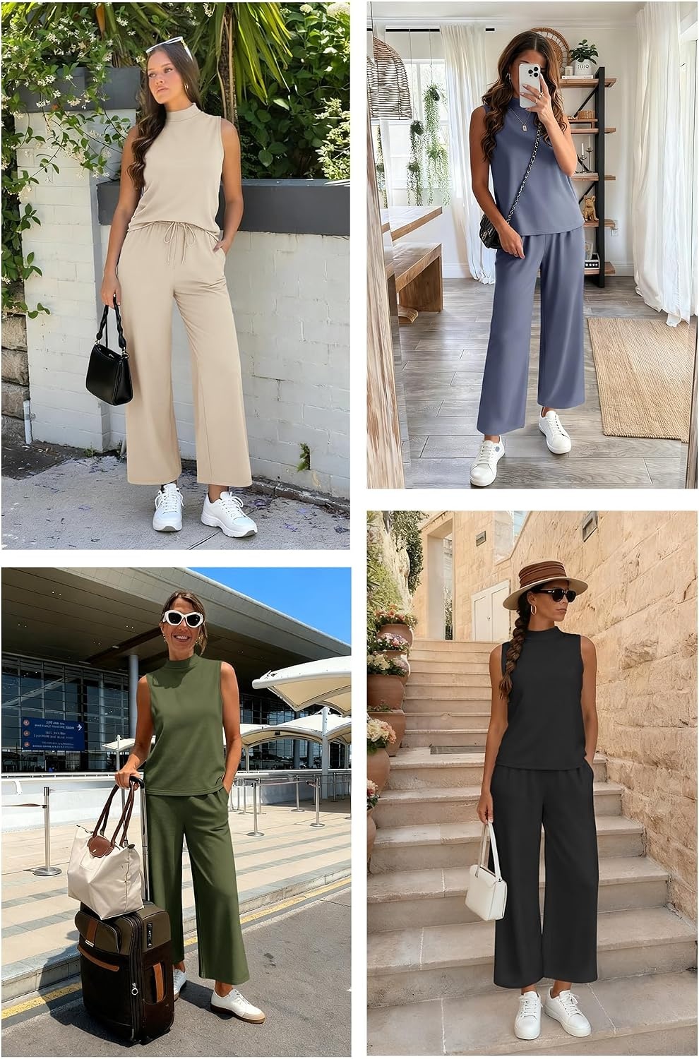image:imageATHMILE Two Piece Sets for Women Spring Summer Travel Airport Vacation Outfits Lounge V Neck Tops Drawstring Wide Leg PantsCoffee1