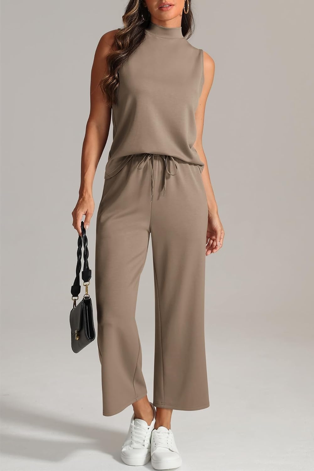 image:imageATHMILE Two Piece Sets for Women Spring Summer Travel Airport Vacation Outfits Lounge V Neck Tops Drawstring Wide Leg PantsCoffee1