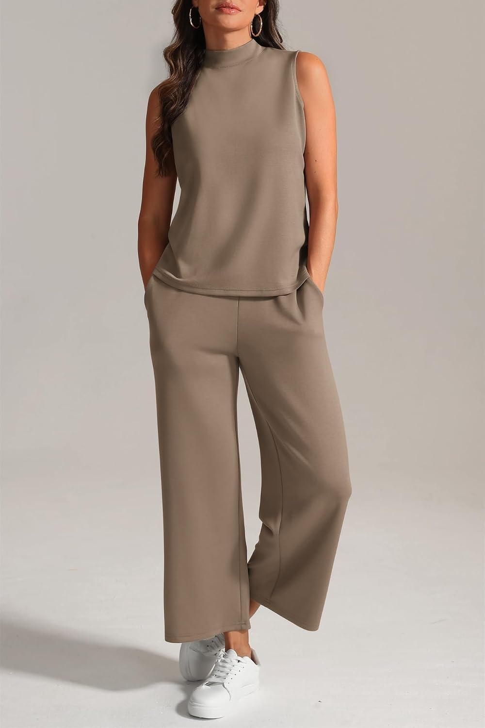 image:imageATHMILE Two Piece Sets for Women Spring Summer Travel Airport Vacation Outfits Lounge V Neck Tops Drawstring Wide Leg PantsCoffee1