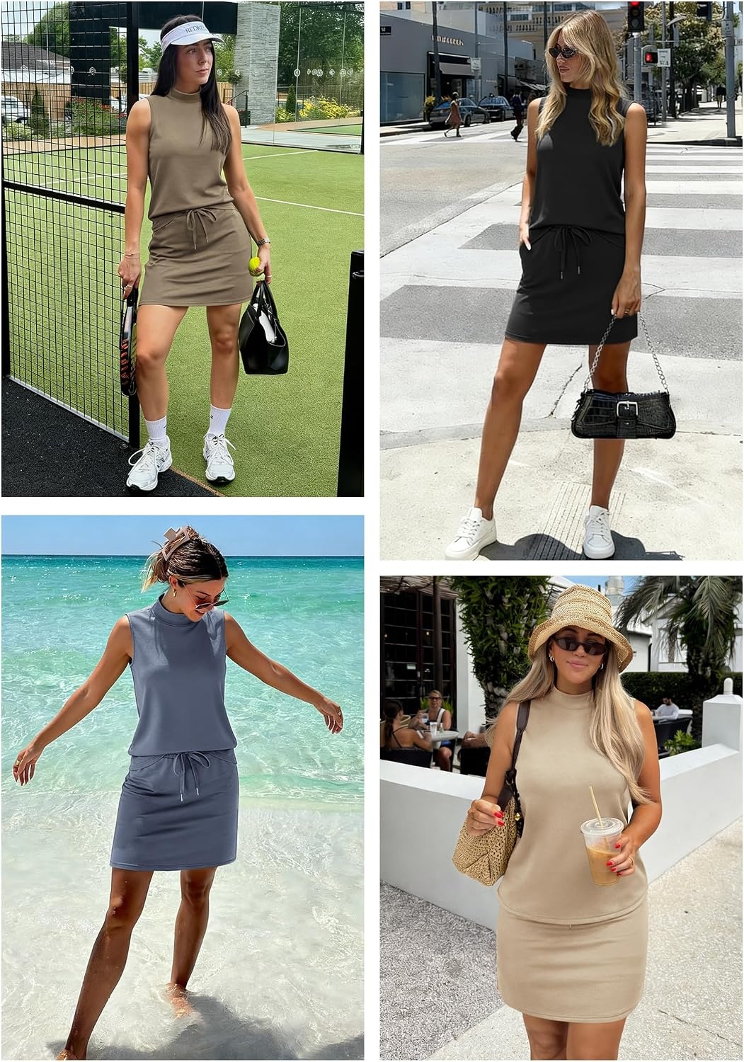 image:imageATHMILE Two Piece Skirt Sets for Women Summer Beach Vacation Outfits Mock Neck Tops Tennis Skirt Lounge Matching SetsBlack