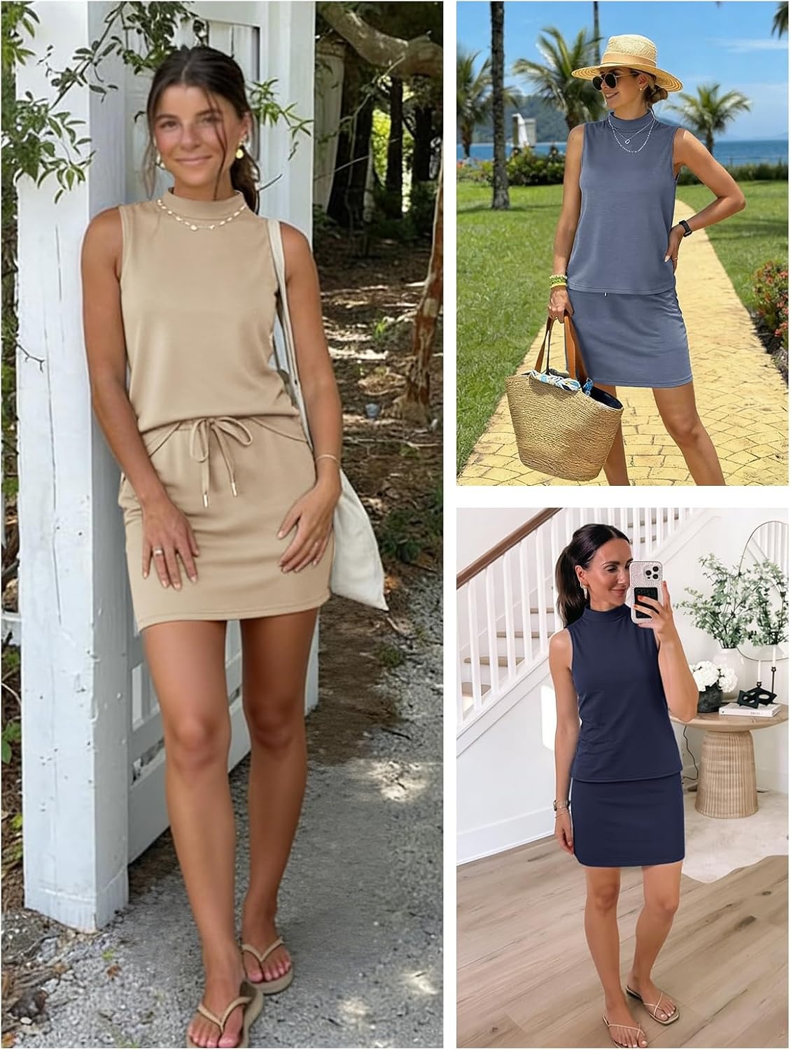 image:imageATHMILE Two Piece Skirt Sets for Women Summer Beach Vacation Outfits Mock Neck Tops Tennis Skirt Lounge Matching SetsNavy Blue