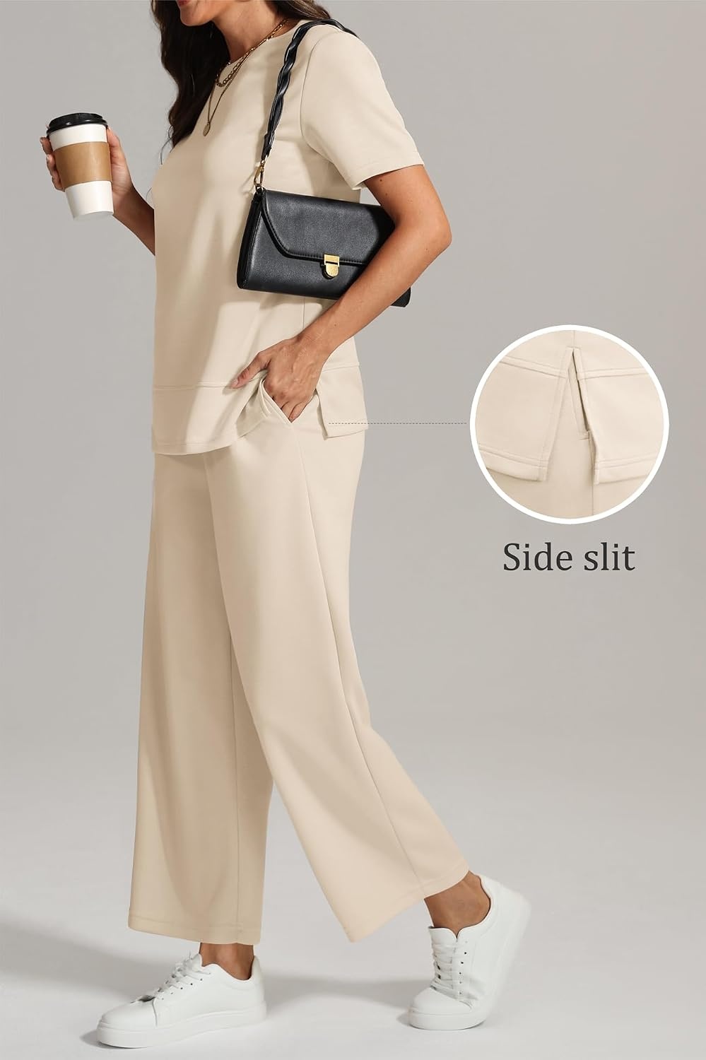 image:imageATHMILE Womens 2 Piece Lounge Set Fashion Travel Outfits Summer Beach Vacation Tracksuit Comfy Wide Leg Airport LoungewearApricot