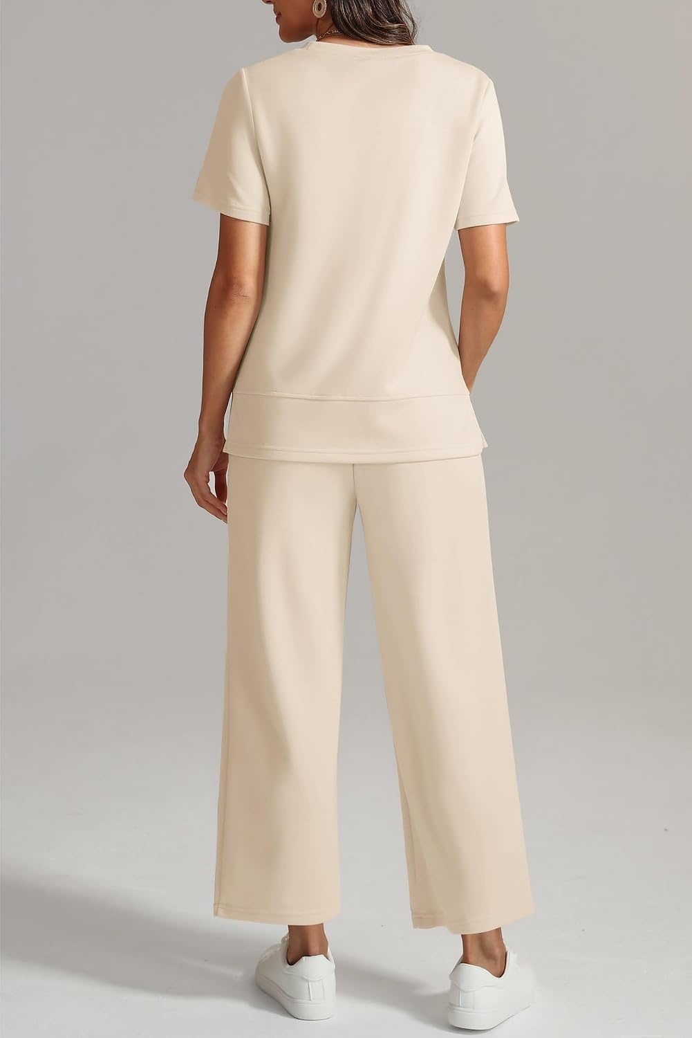 image:imageATHMILE Womens 2 Piece Lounge Set Fashion Travel Outfits Summer Beach Vacation Tracksuit Comfy Wide Leg Airport LoungewearApricot