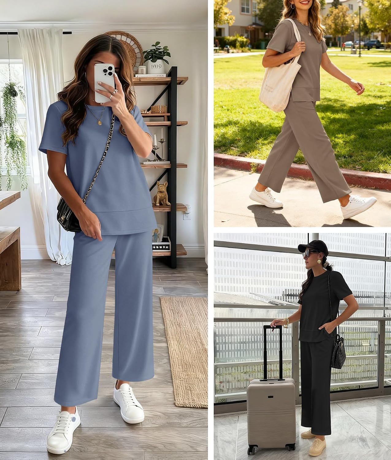 image:imageATHMILE Womens 2 Piece Lounge Set Fashion Travel Outfits Summer Beach Vacation Tracksuit Comfy Wide Leg Airport LoungewearApricot