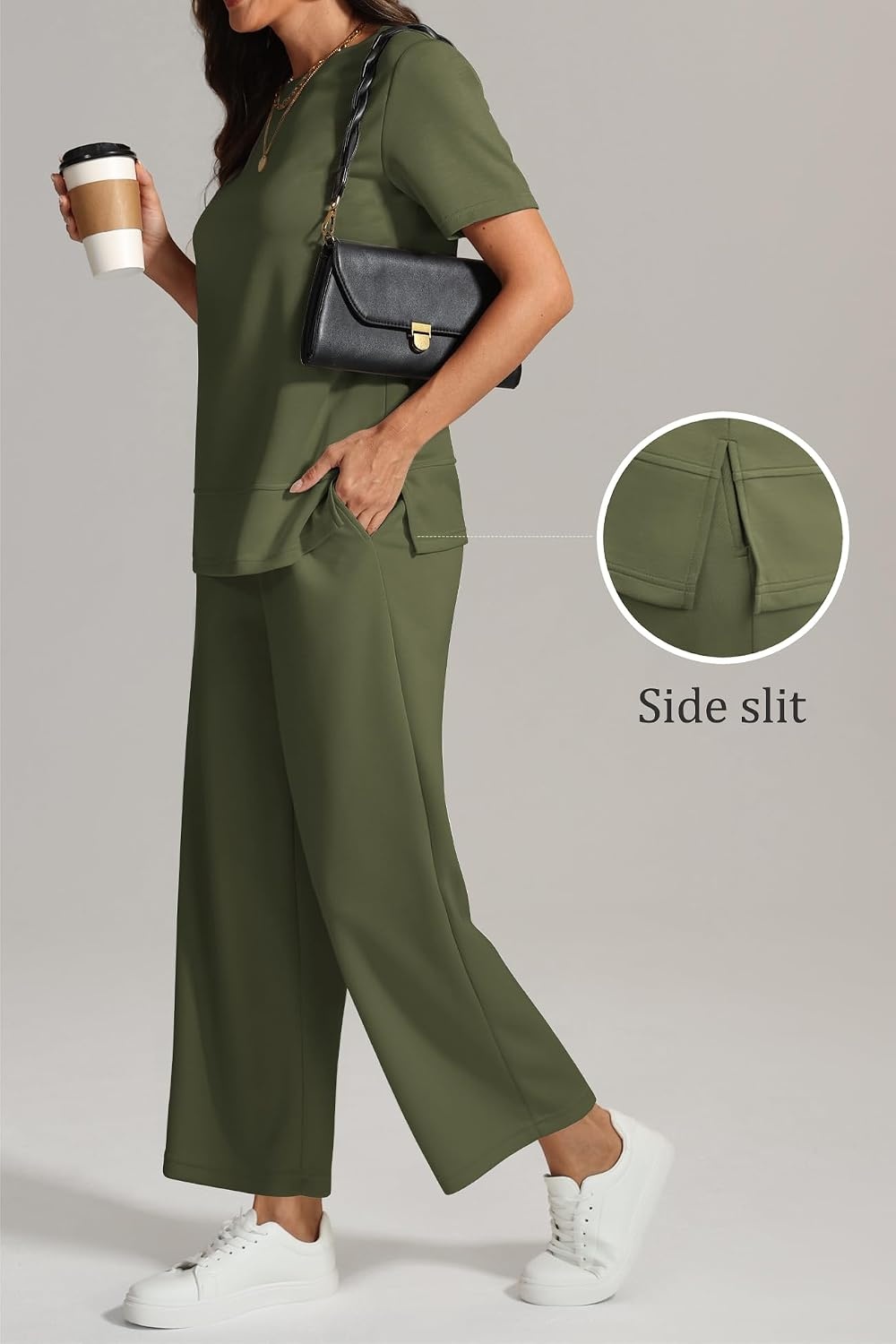 image:imageATHMILE Womens 2 Piece Lounge Set Fashion Travel Outfits Summer Beach Vacation Tracksuit Comfy Wide Leg Airport LoungewearArmy Green