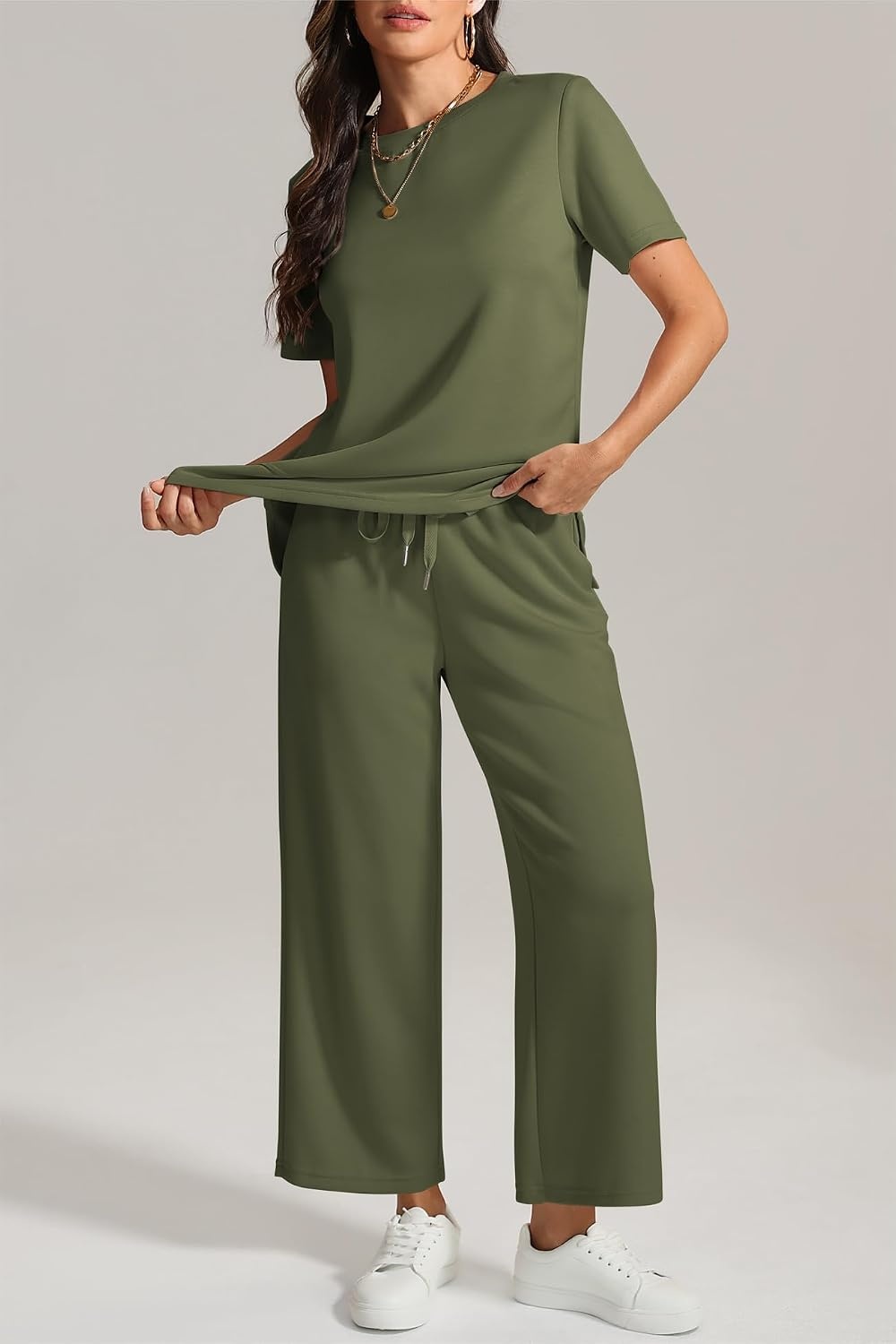 image:imageATHMILE Womens 2 Piece Lounge Set Fashion Travel Outfits Summer Beach Vacation Tracksuit Comfy Wide Leg Airport LoungewearArmy Green