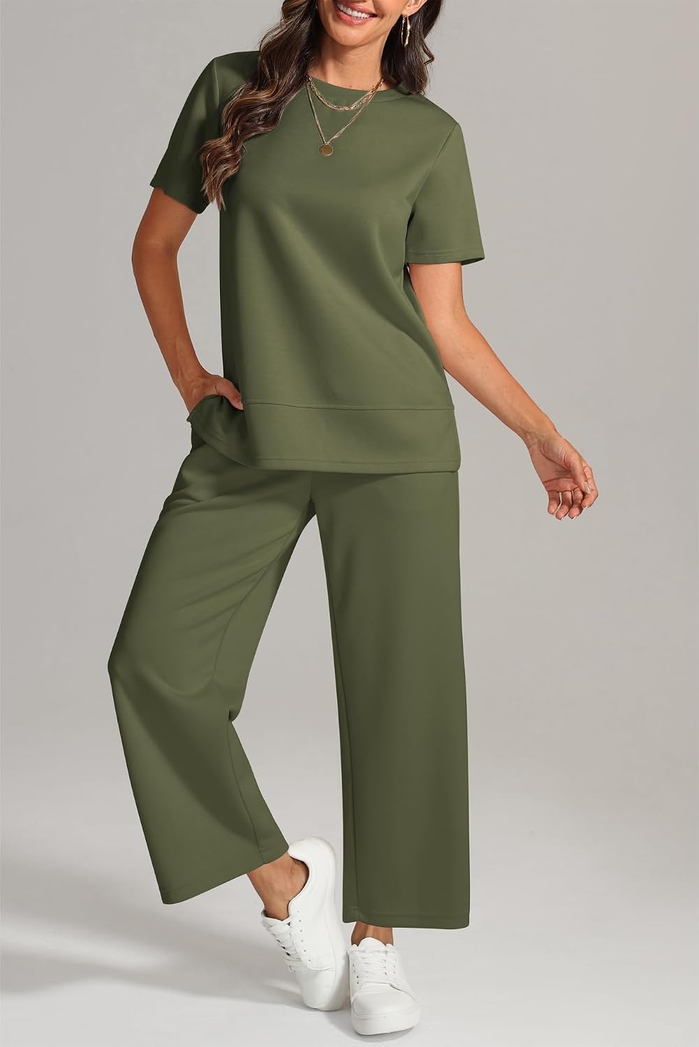 image:imageATHMILE Womens 2 Piece Lounge Set Fashion Travel Outfits Summer Beach Vacation Tracksuit Comfy Wide Leg Airport LoungewearArmy Green
