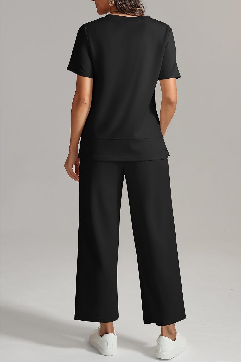 image:imageATHMILE Womens 2 Piece Lounge Set Fashion Travel Outfits Summer Beach Vacation Tracksuit Comfy Wide Leg Airport LoungewearBlack