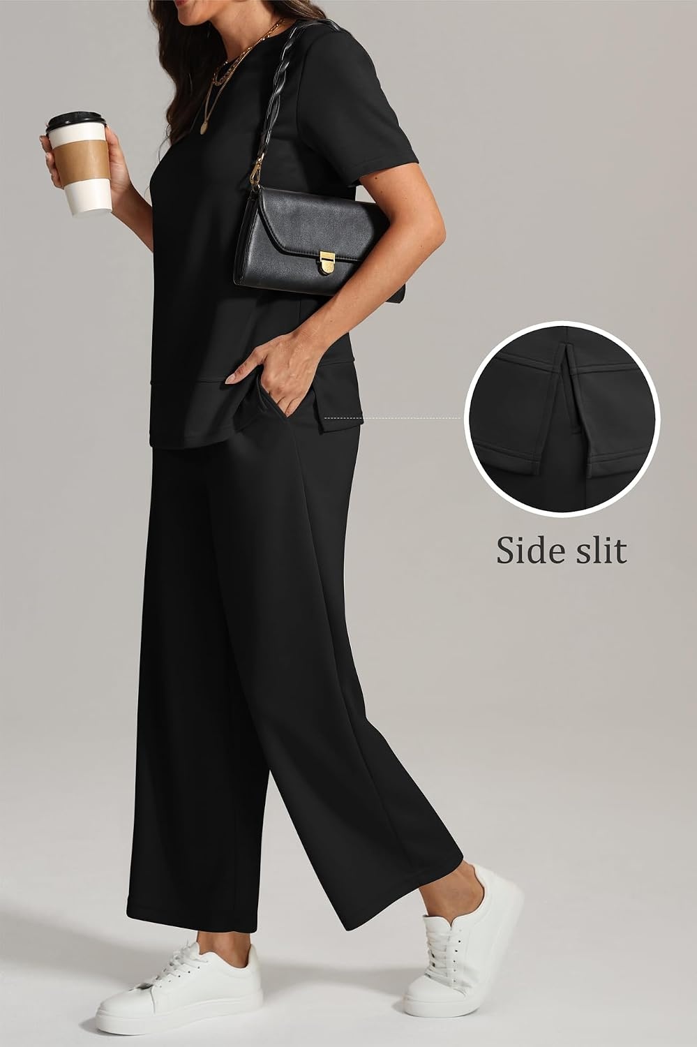 image:imageATHMILE Womens 2 Piece Lounge Set Fashion Travel Outfits Summer Beach Vacation Tracksuit Comfy Wide Leg Airport LoungewearBlack