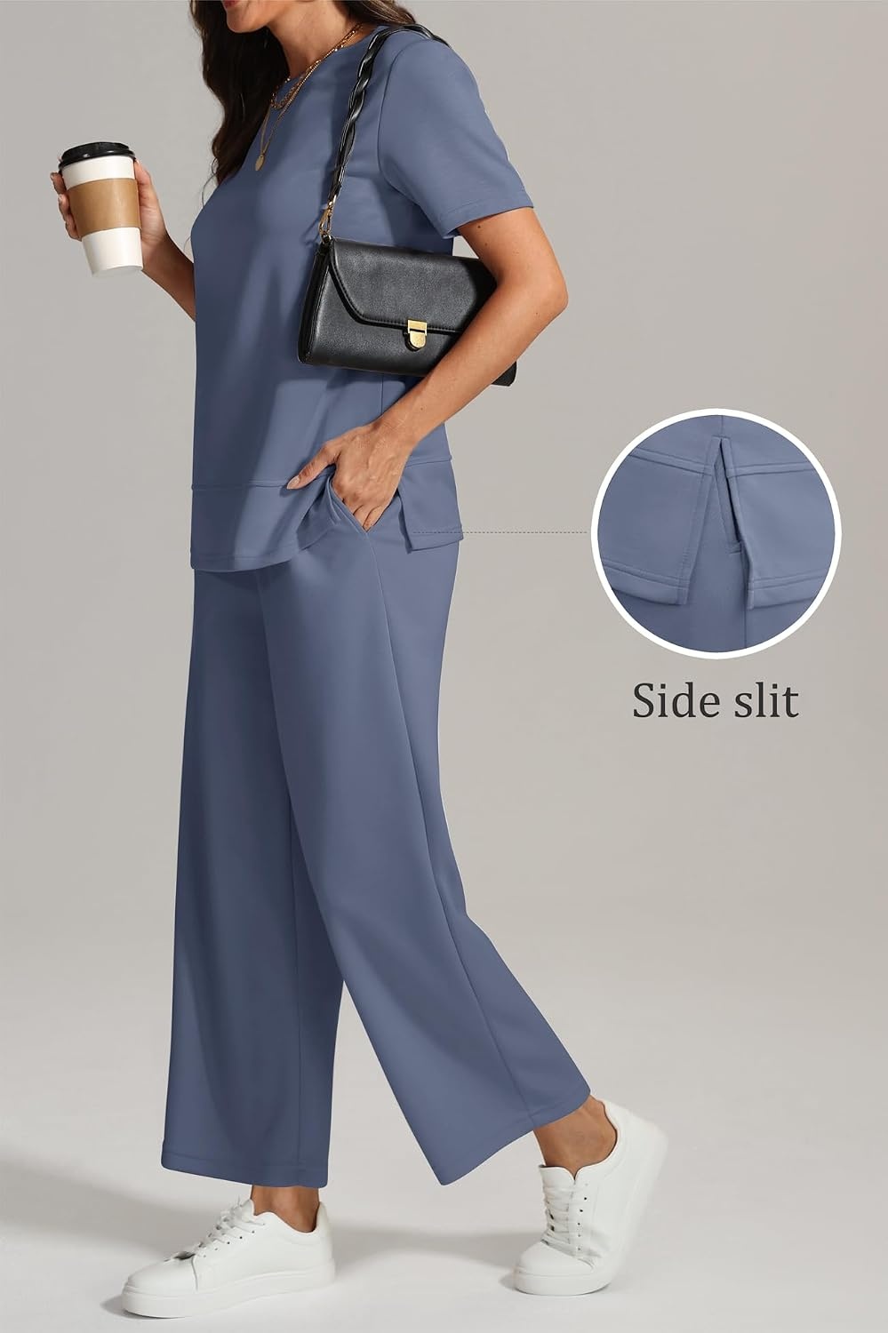 image:imageATHMILE Womens 2 Piece Lounge Set Fashion Travel Outfits Summer Beach Vacation Tracksuit Comfy Wide Leg Airport LoungewearBlue
