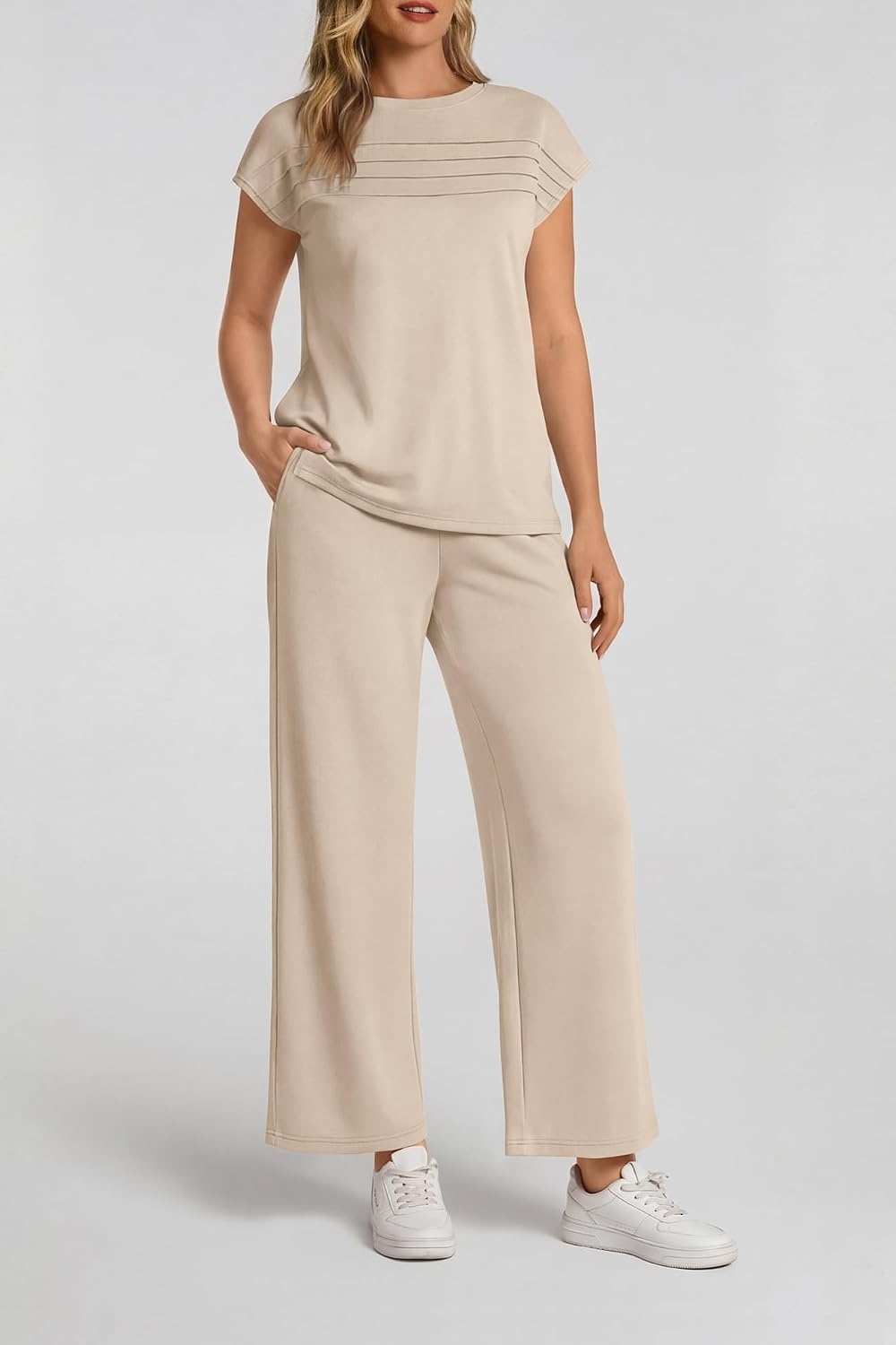 image:imageATHMILE Womens 2 Piece Lounge Set Fashion Travel Outfits Summer Beach Vacation Tracksuit Comfy Wide Leg Airport LoungewearCbeige