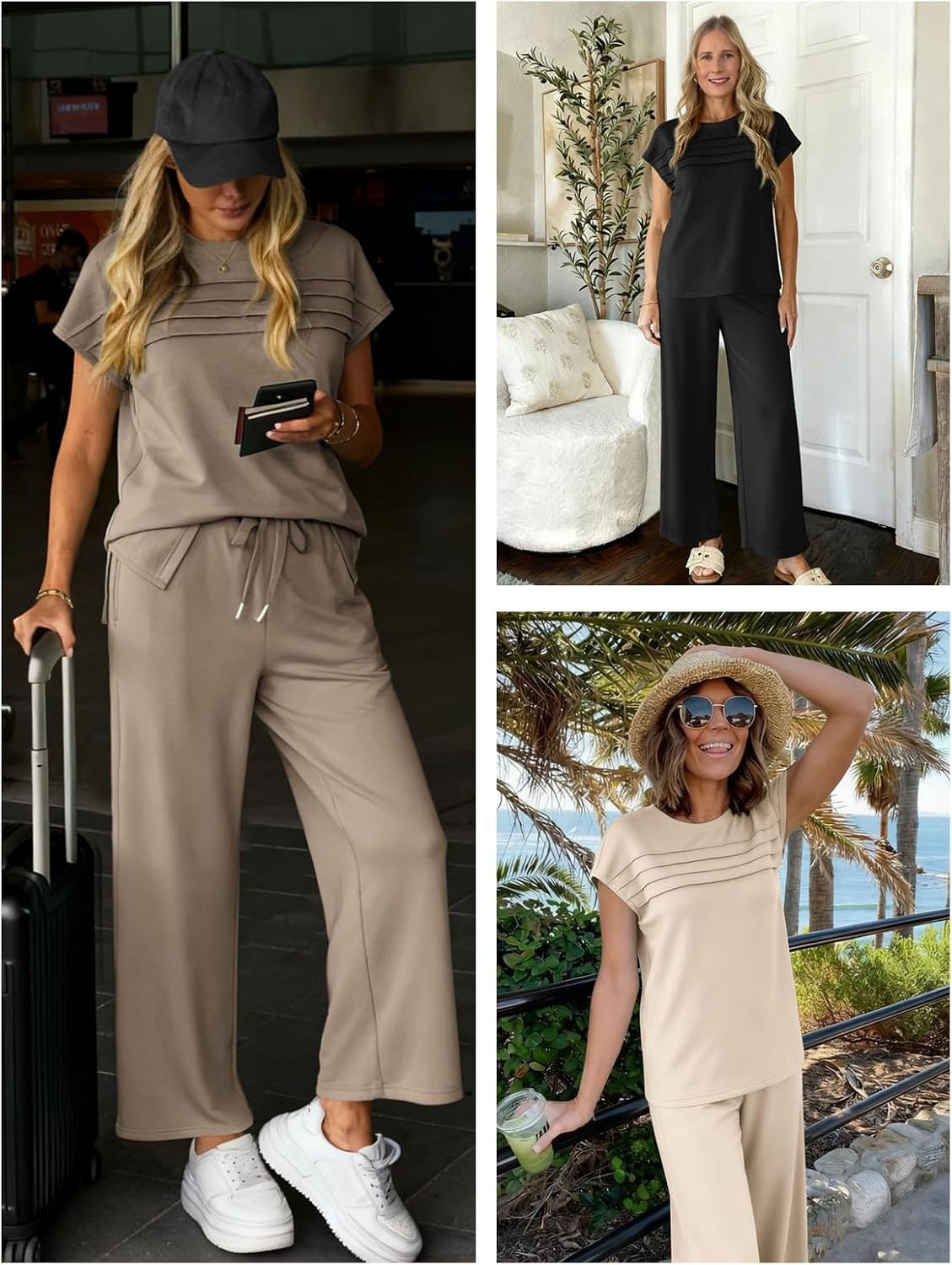 image:imageATHMILE Womens 2 Piece Lounge Set Fashion Travel Outfits Summer Beach Vacation Tracksuit Comfy Wide Leg Airport LoungewearCbeige
