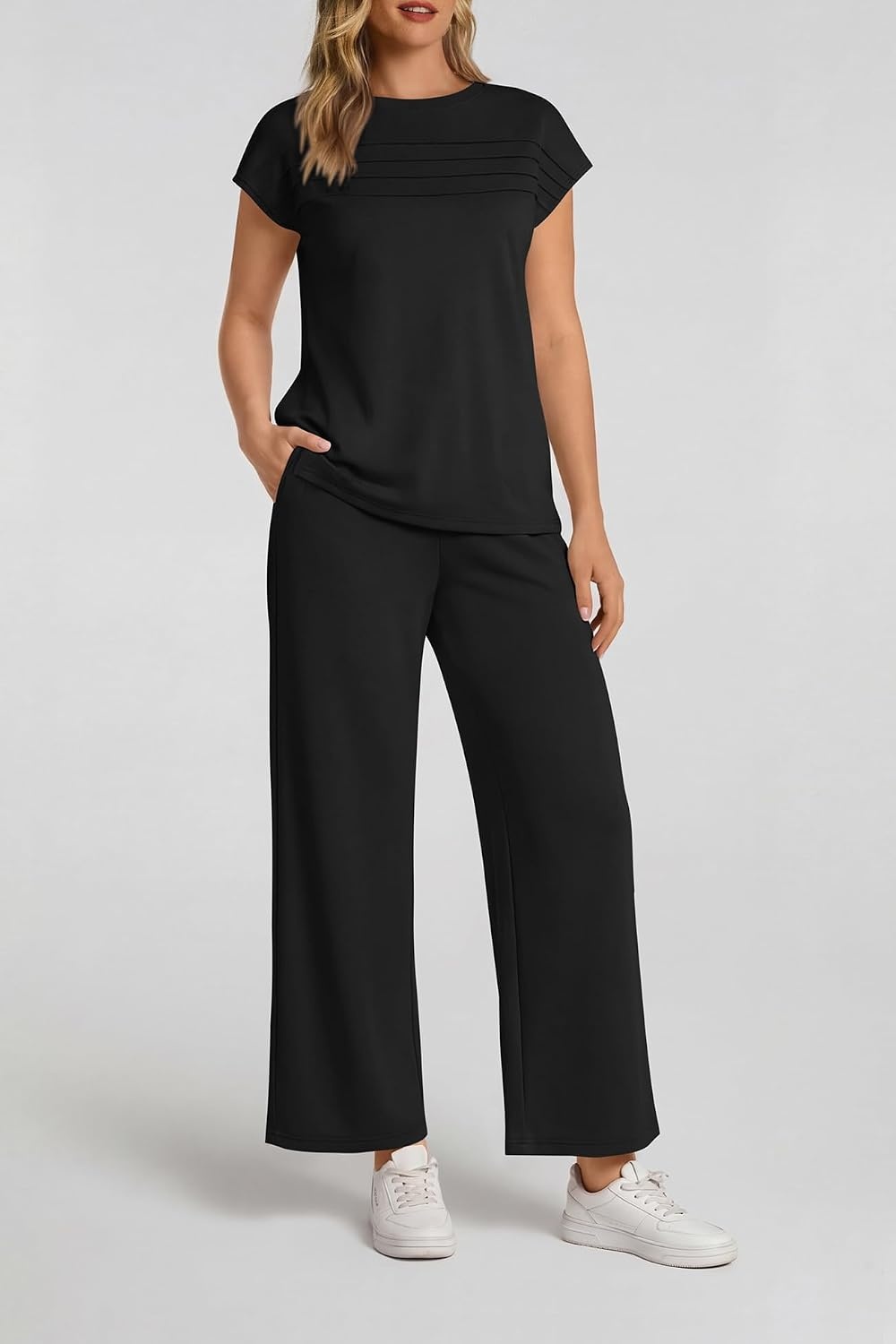 image:imageATHMILE Womens 2 Piece Lounge Set Fashion Travel Outfits Summer Beach Vacation Tracksuit Comfy Wide Leg Airport LoungewearCblack