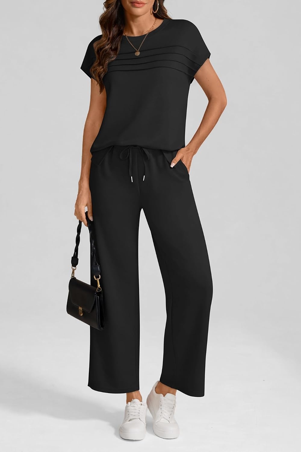 image:imageATHMILE Womens 2 Piece Lounge Set Fashion Travel Outfits Summer Beach Vacation Tracksuit Comfy Wide Leg Airport LoungewearCblack