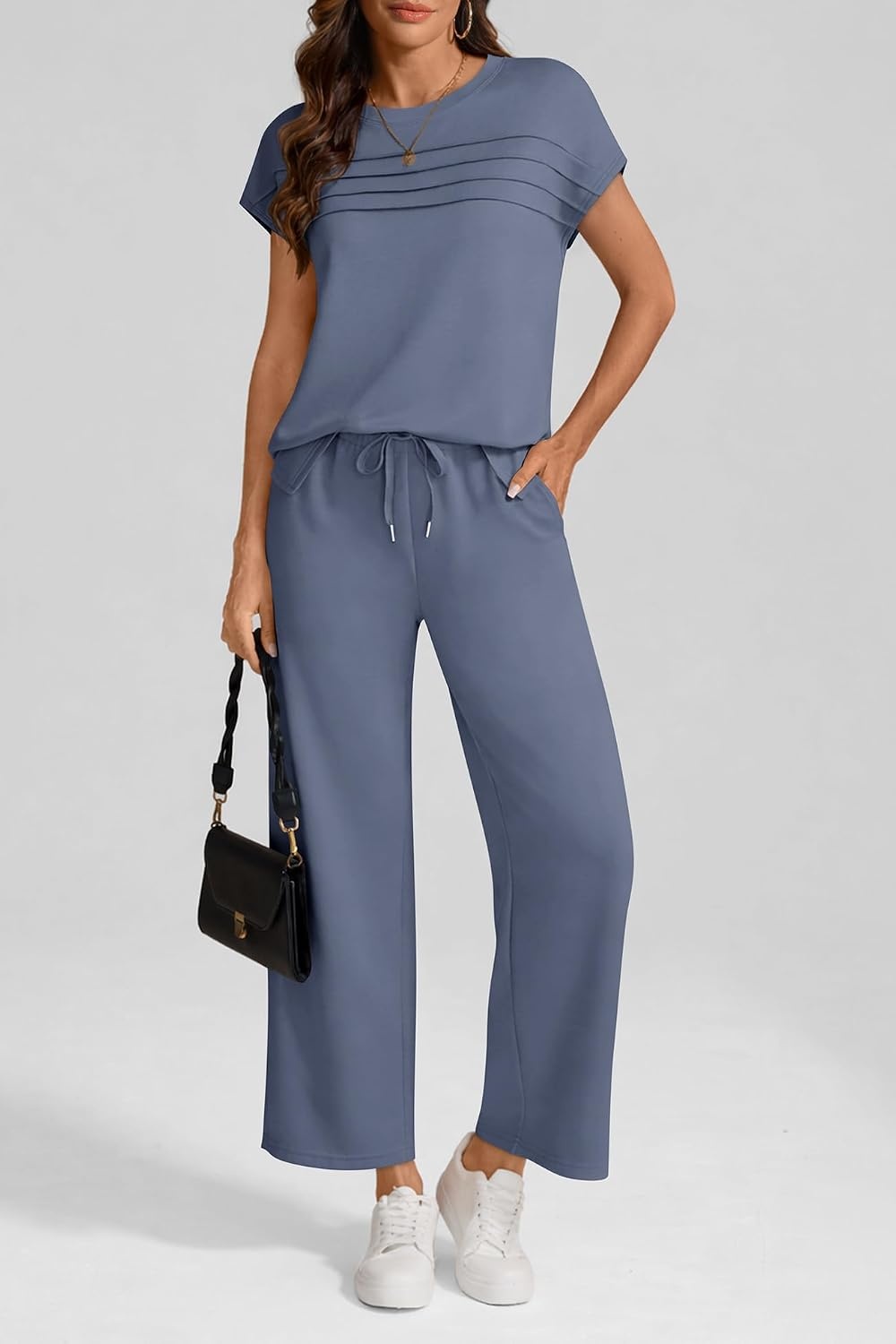 image:imageATHMILE Womens 2 Piece Lounge Set Fashion Travel Outfits Summer Beach Vacation Tracksuit Comfy Wide Leg Airport LoungewearCblue