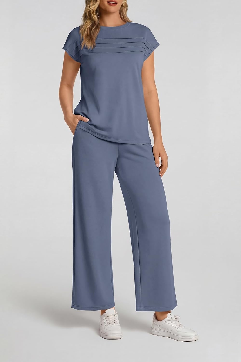 image:imageATHMILE Womens 2 Piece Lounge Set Fashion Travel Outfits Summer Beach Vacation Tracksuit Comfy Wide Leg Airport LoungewearCblue