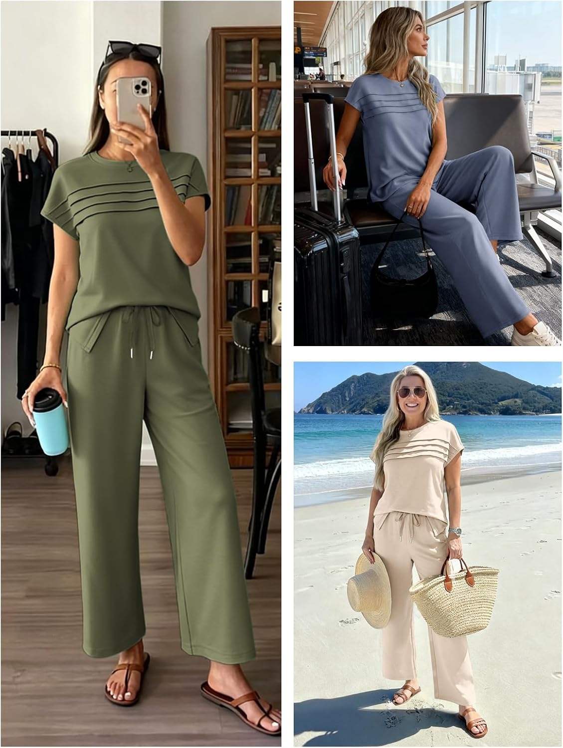 image:imageATHMILE Womens 2 Piece Lounge Set Fashion Travel Outfits Summer Beach Vacation Tracksuit Comfy Wide Leg Airport LoungewearCblue